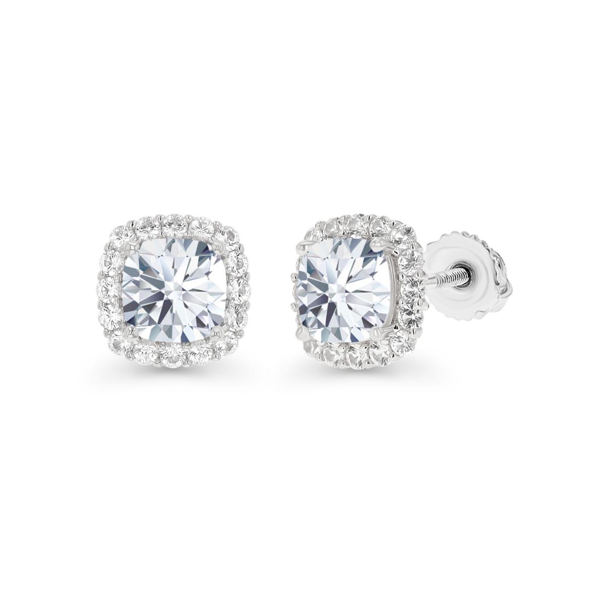 Sterling Silver Rhodium 5mm Cushion Created White Sapphire Halo Screwback Stud Earring