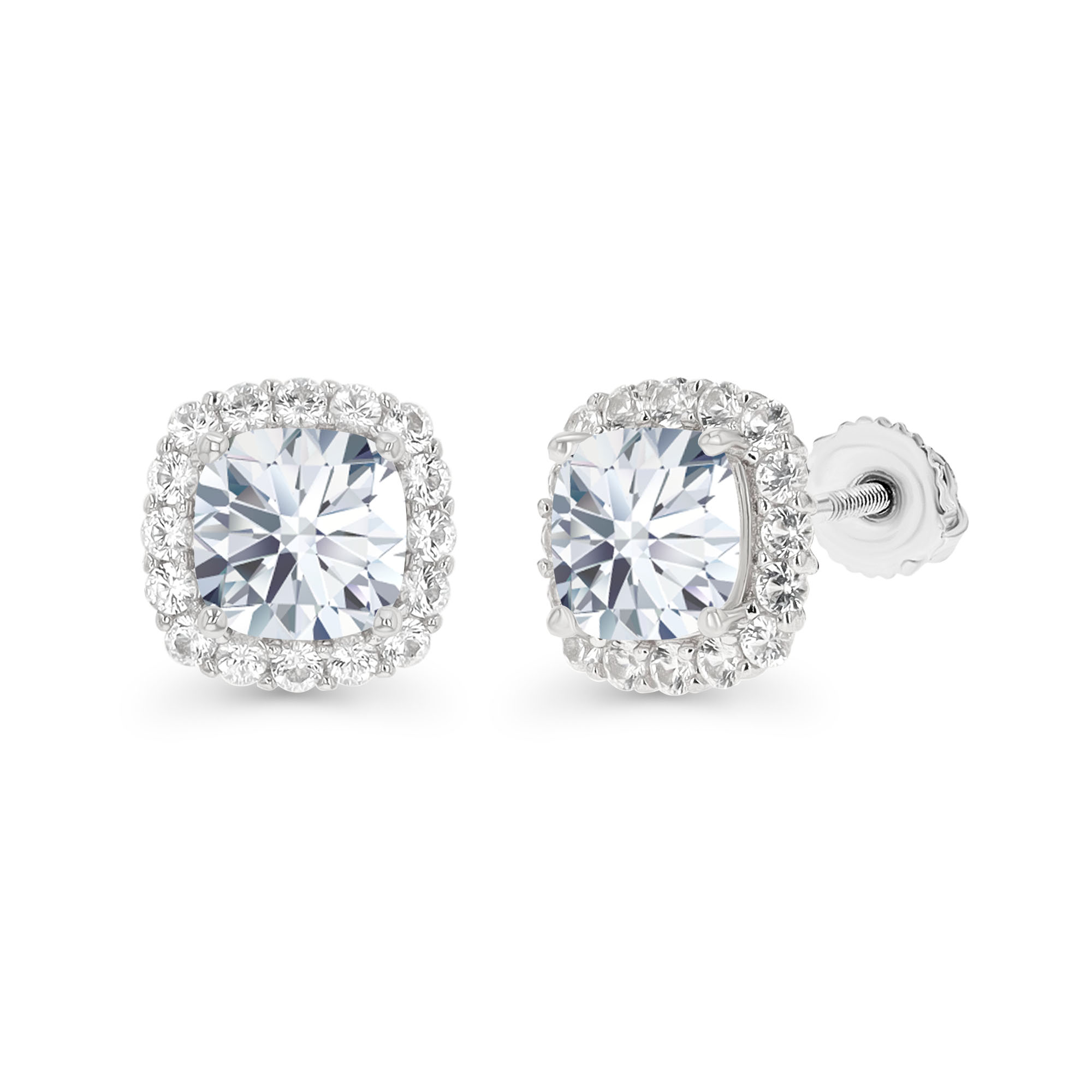 Sterling Silver Rhodium 6mm Cushion Created White Sapphire Halo Screwback Stud Earring