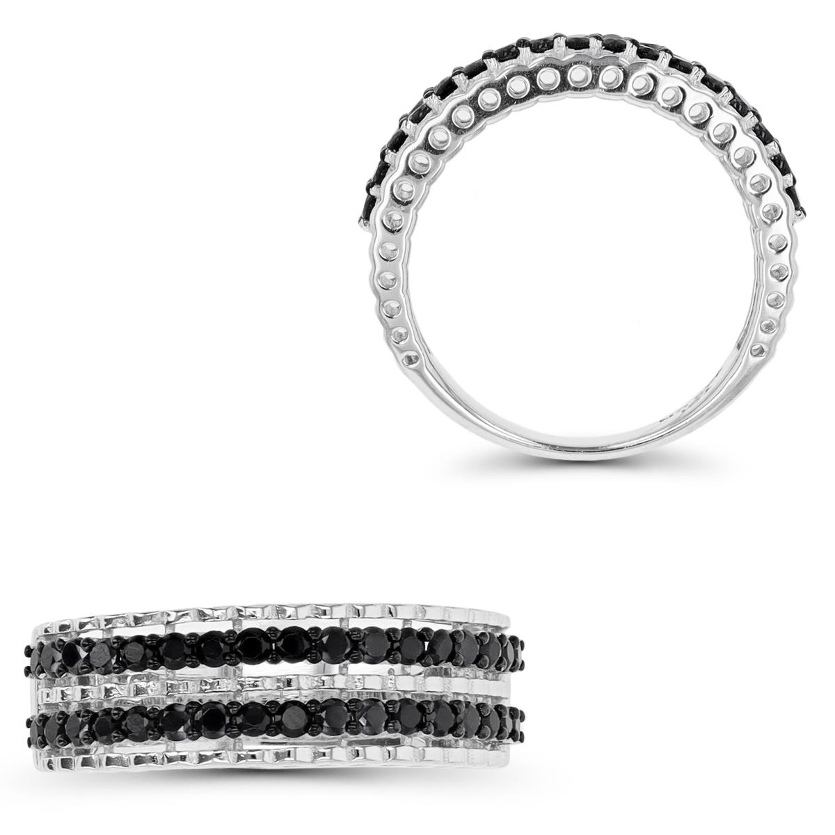 Sterling Silver Rhd & Black 7MM Textured 2 Rows of Black Spinel Anniversary Band Ring