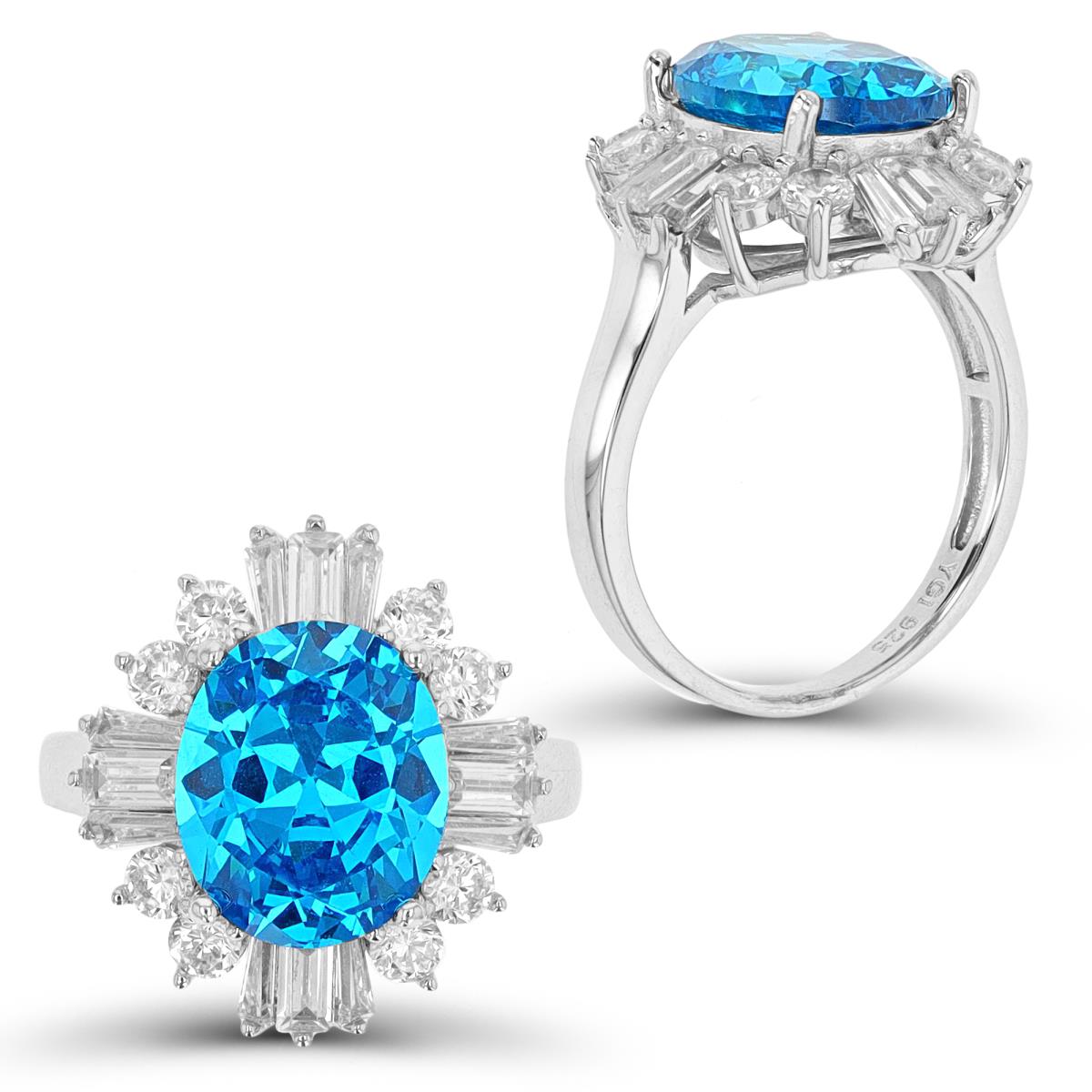 Sterling Silver Rhodium 17X19MM Fashion Med Blue & White CZ Ring