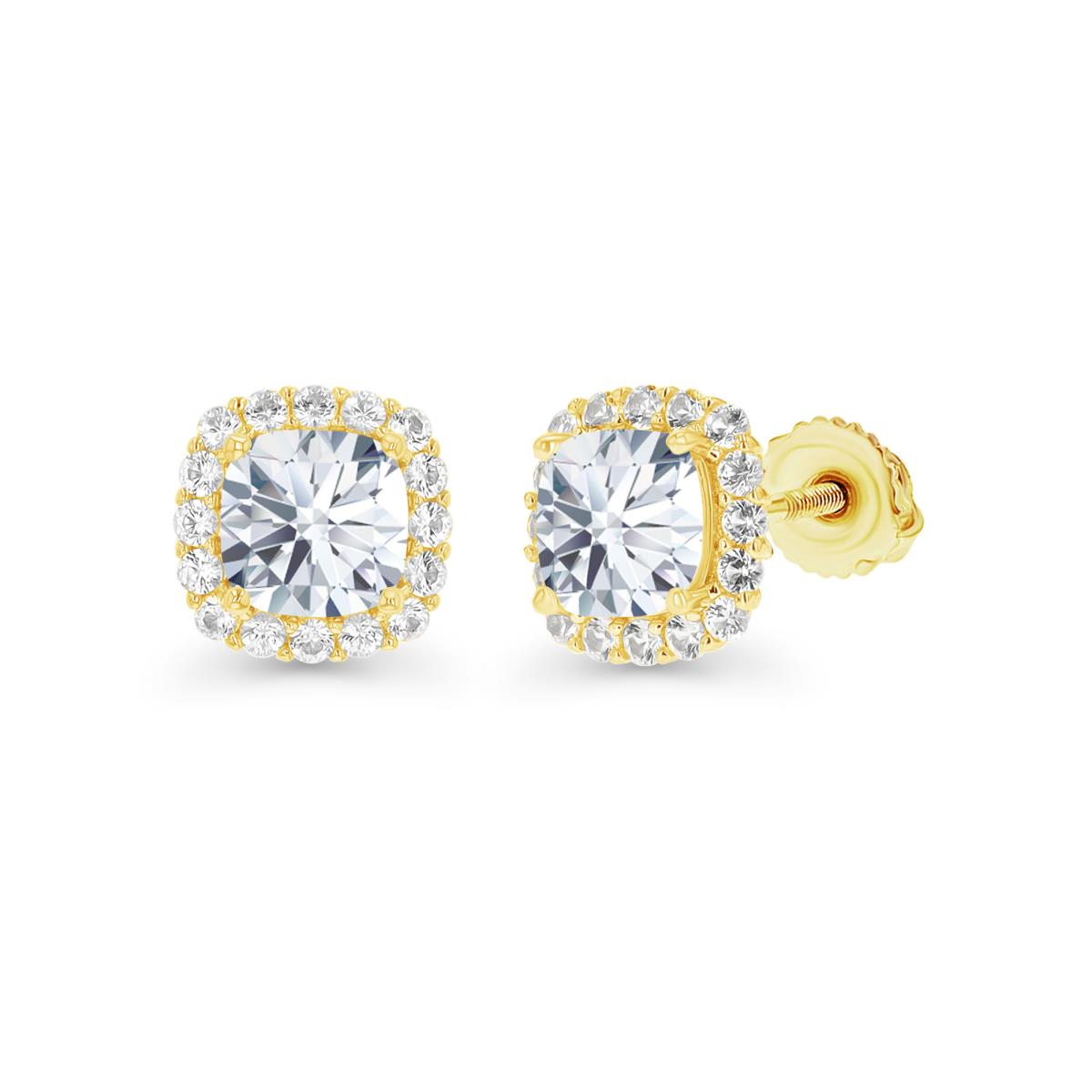 Sterling Silver Yellow 5mm Cushion Created White Sapphire Halo Screwback Stud Earring