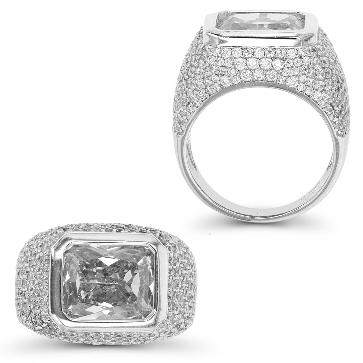 Sterling Silver Rhodium 14.5MM Fashion Emerald Cut White CZ Ring