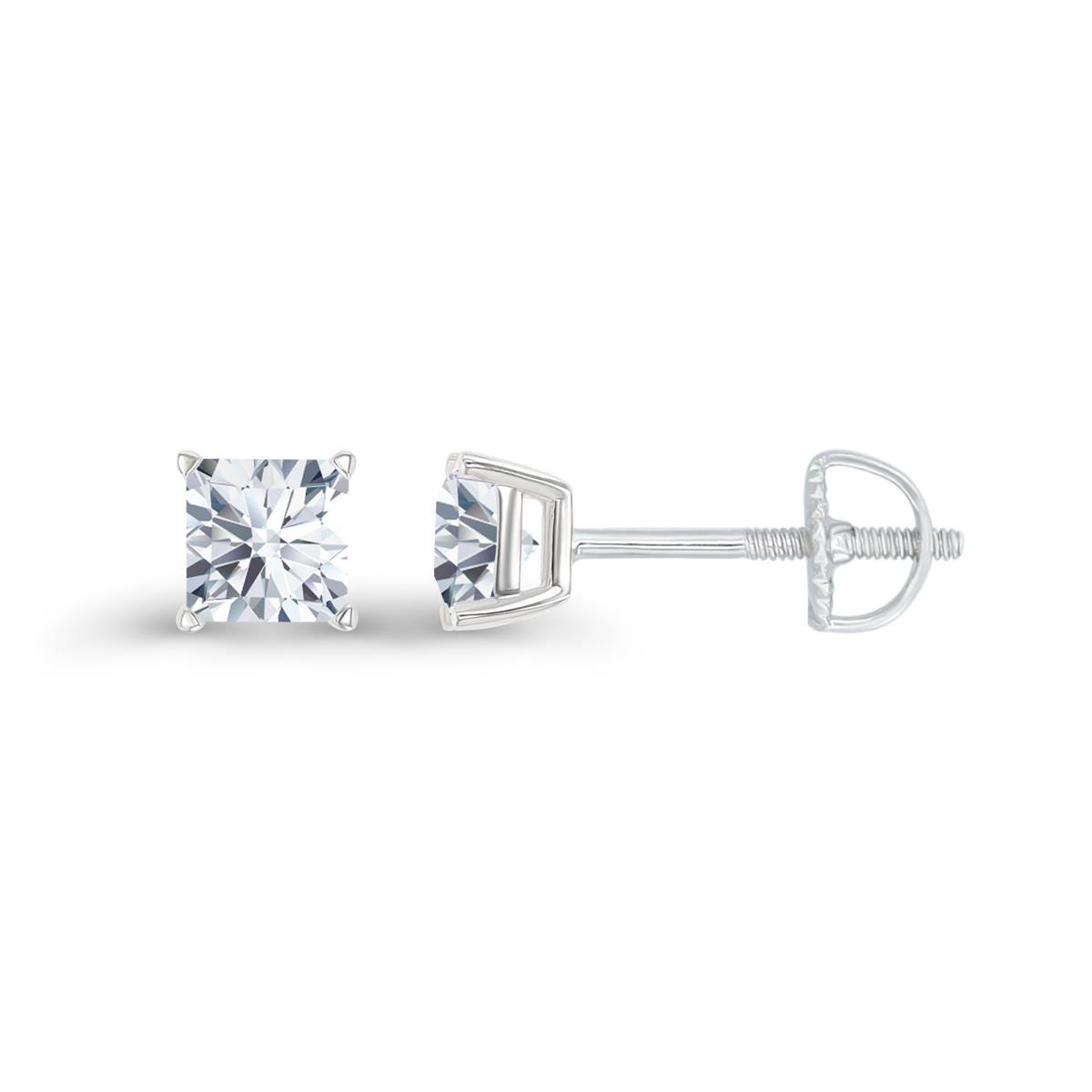 14K White Gold 4mm Square Created White Sapphire Screwback Stud Earring