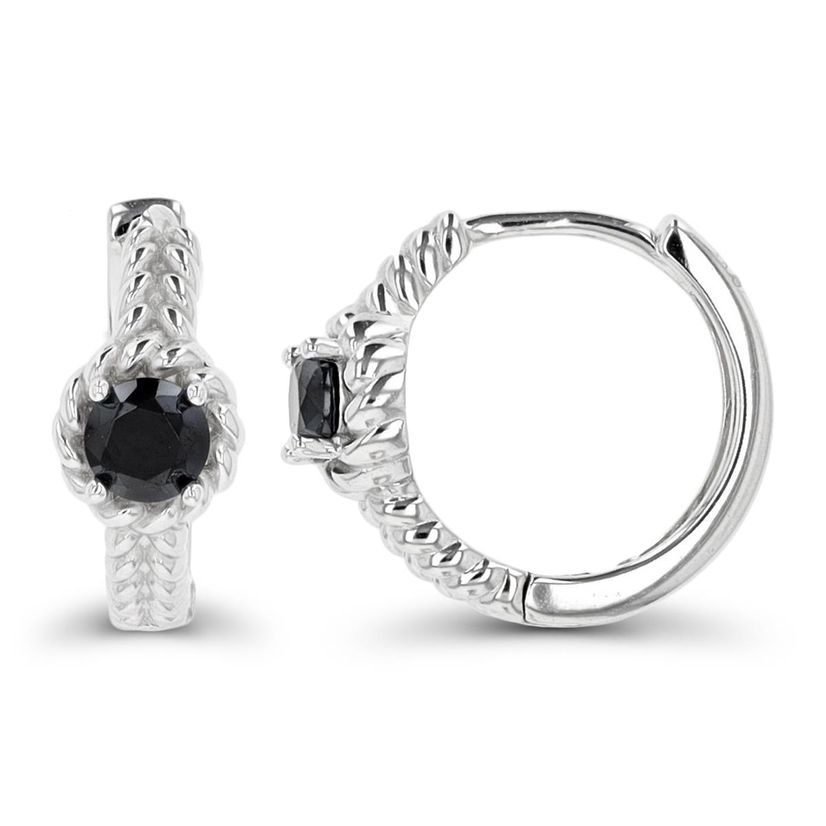Sterling Silver Rhodium Black Spinel 14X6MM Solitaire Textured Huggie Earring
