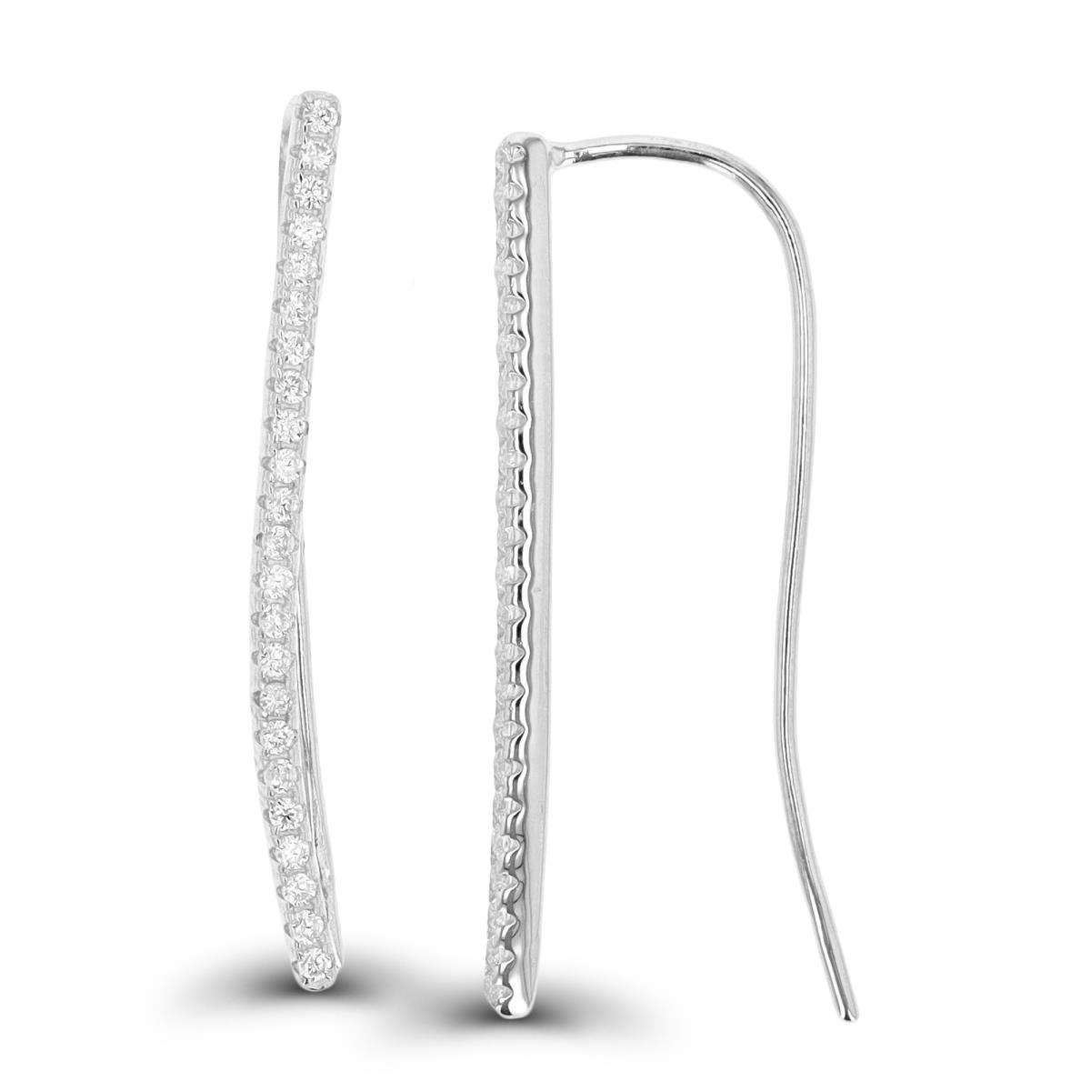 Sterling Silver Rhodium 32X2MM Fish Hook Pave Earring