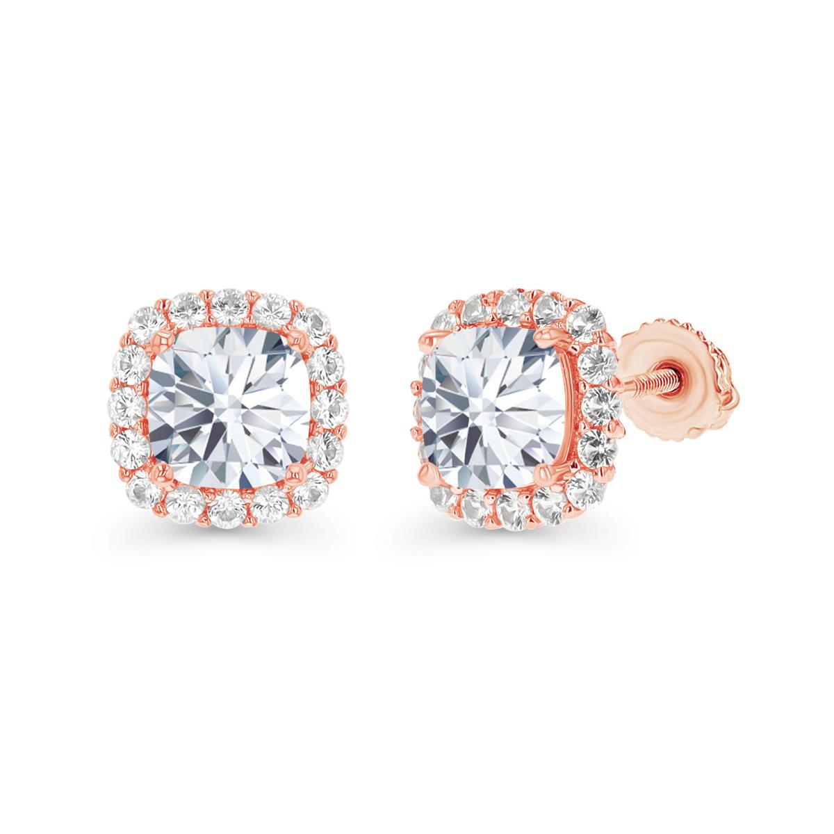 14K Rose Gold 6mm Cushion Created White Sapphire Halo Screwback Stud Earrings
