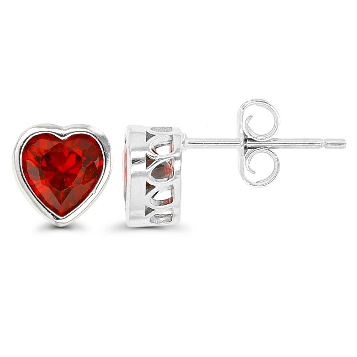Sterling Silver Rhodium 7.5MM Bezel Heart #8 Ruby Stud Earring