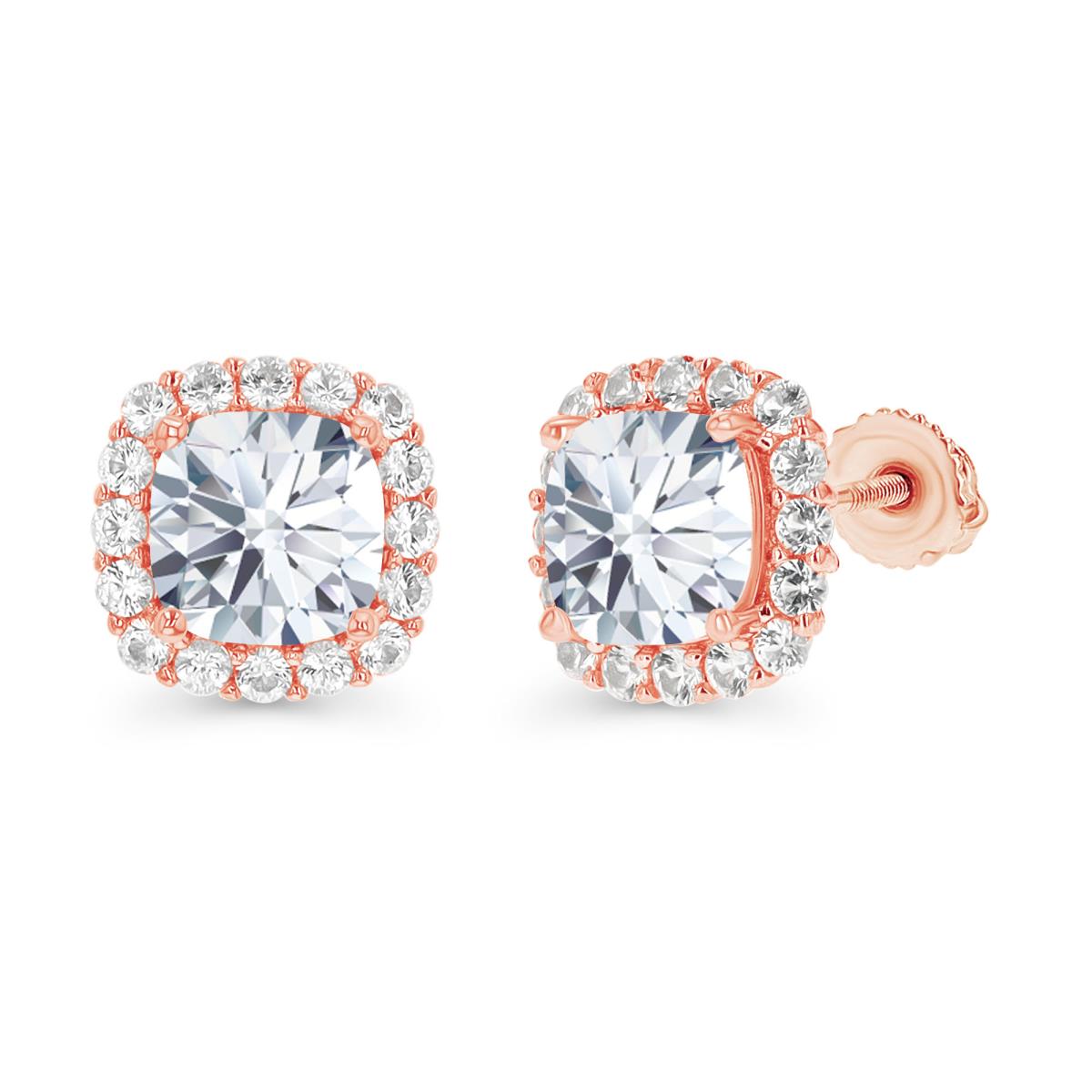 14K Rose Gold 7mm Cushion Created White Sapphire Halo Screwback Stud Earrings