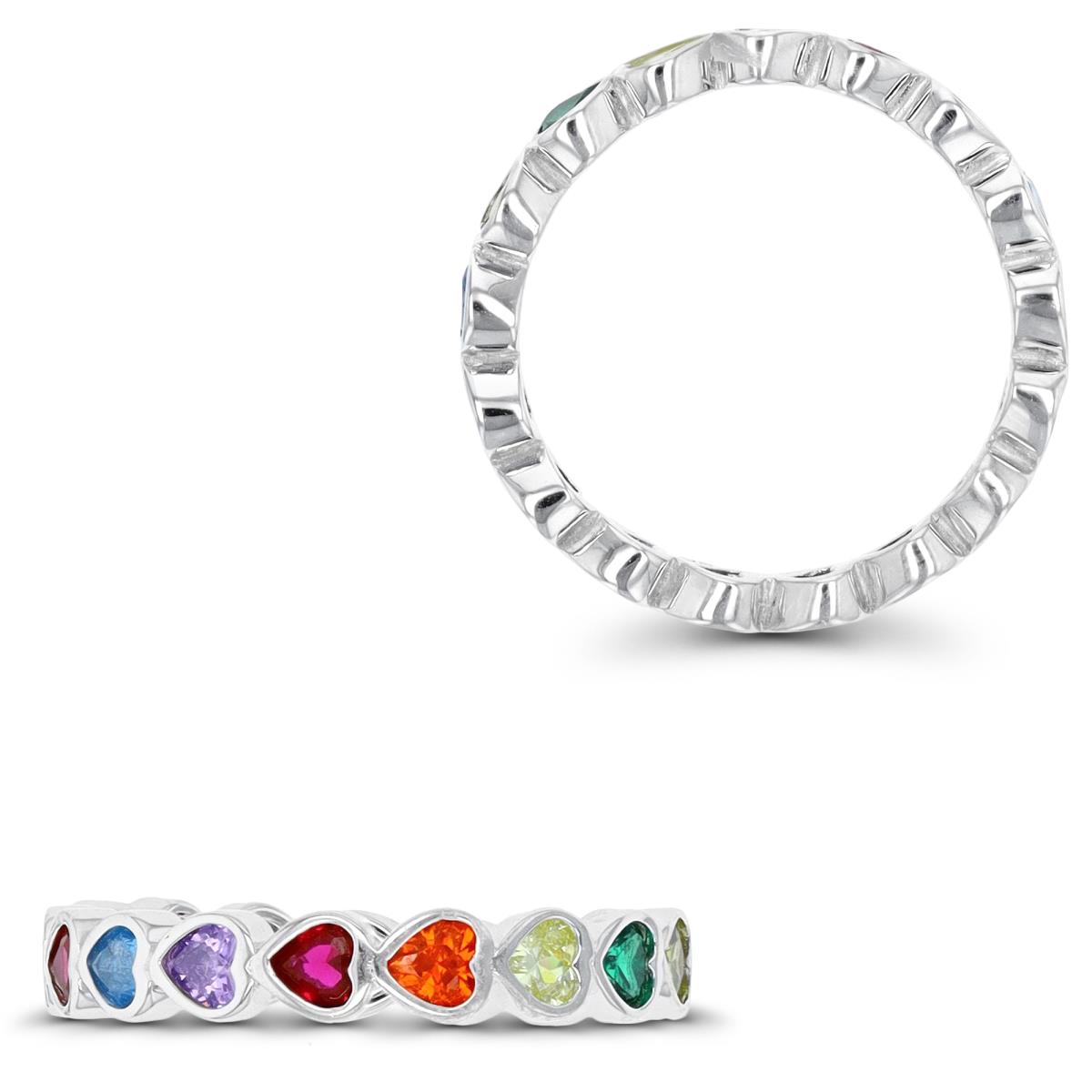 Sterling Silver Rhodium 4MM Eternity Bezel Heart Multicolor CZ Ring