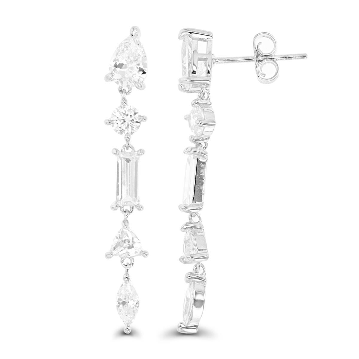 Sterling Silver Rhodium 40X5.3MM Multishapes White CZ Dangling Earring