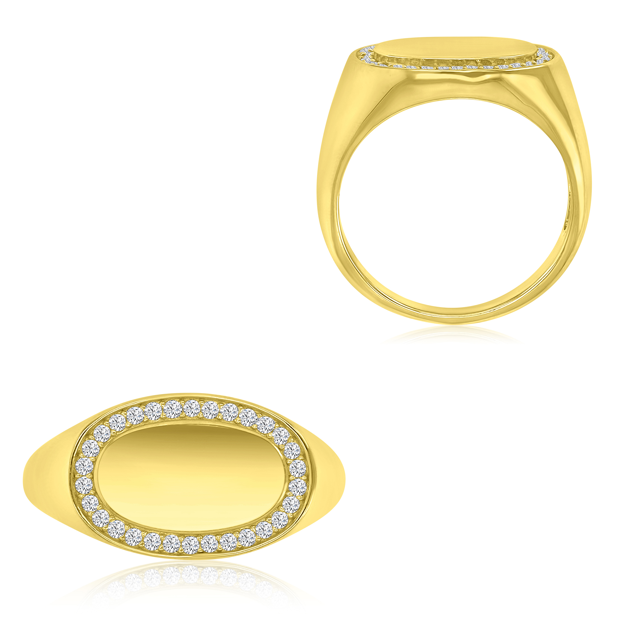 Sterling Silver Yellow 1 Micron 10.7MM Signet Halo White CZ Polished Ring