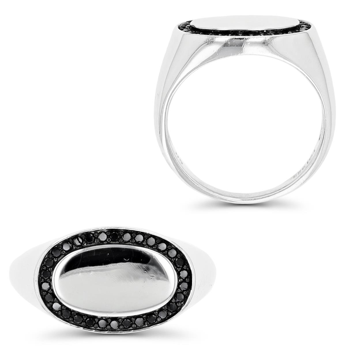 Sterling Silver Rhodium & Black 10.7MM Signet Halo Black Spinel  Polished Ring