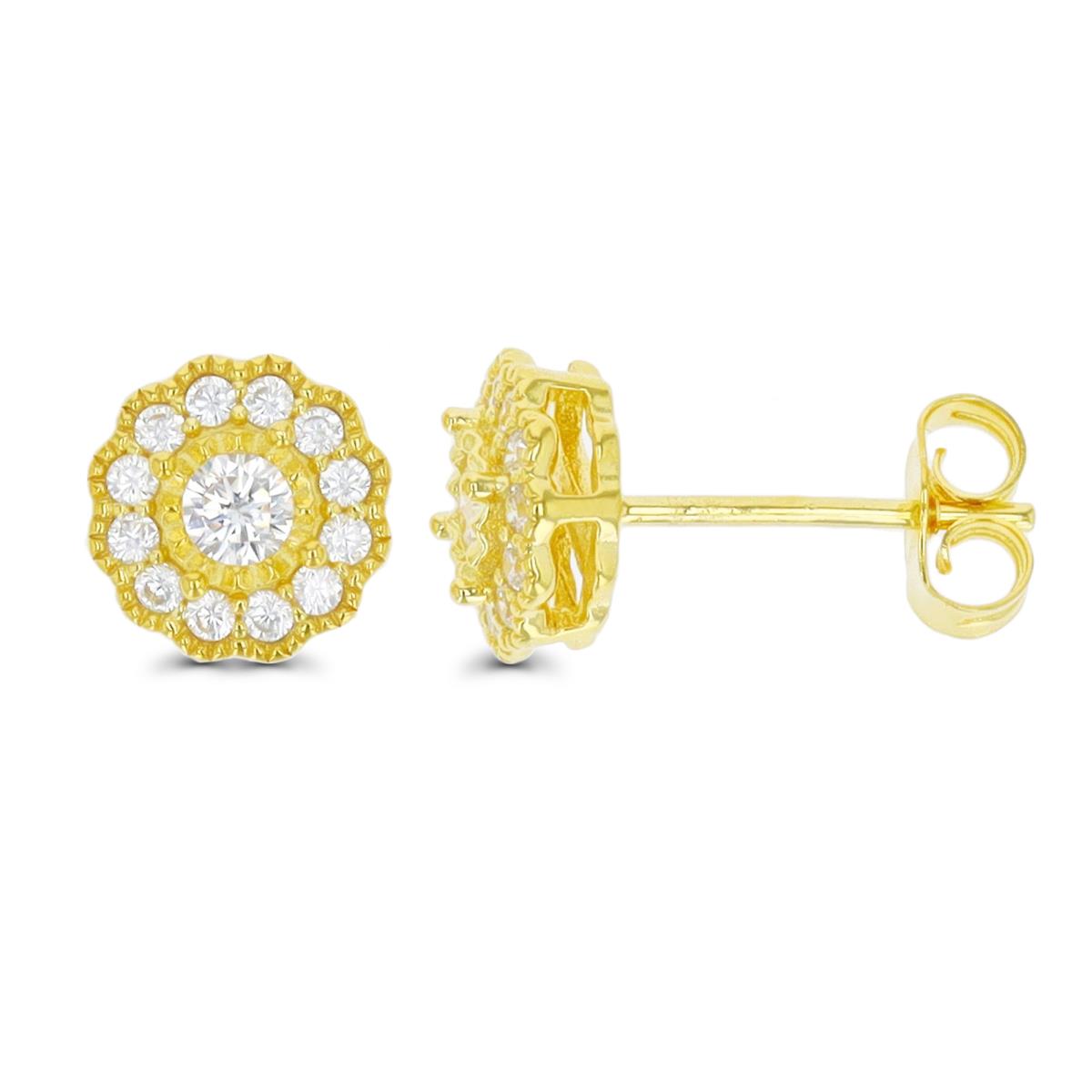 Sterling Silver Yellow 1 Micron 16.7MM Flower white CZ Stud Earring