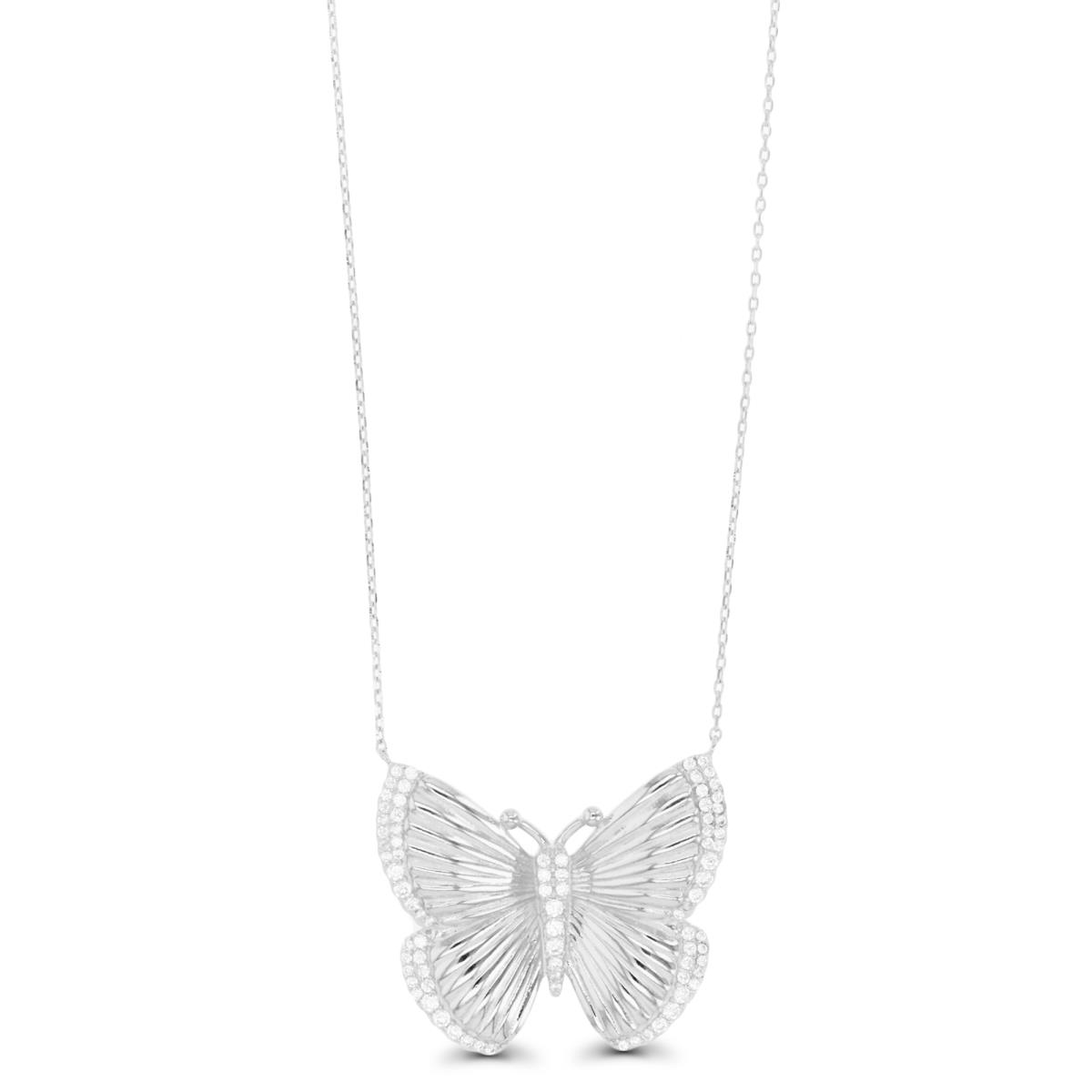 Sterling Silver Rhodium 31X27MM Textured Butterfly White CZ 18" Necklace