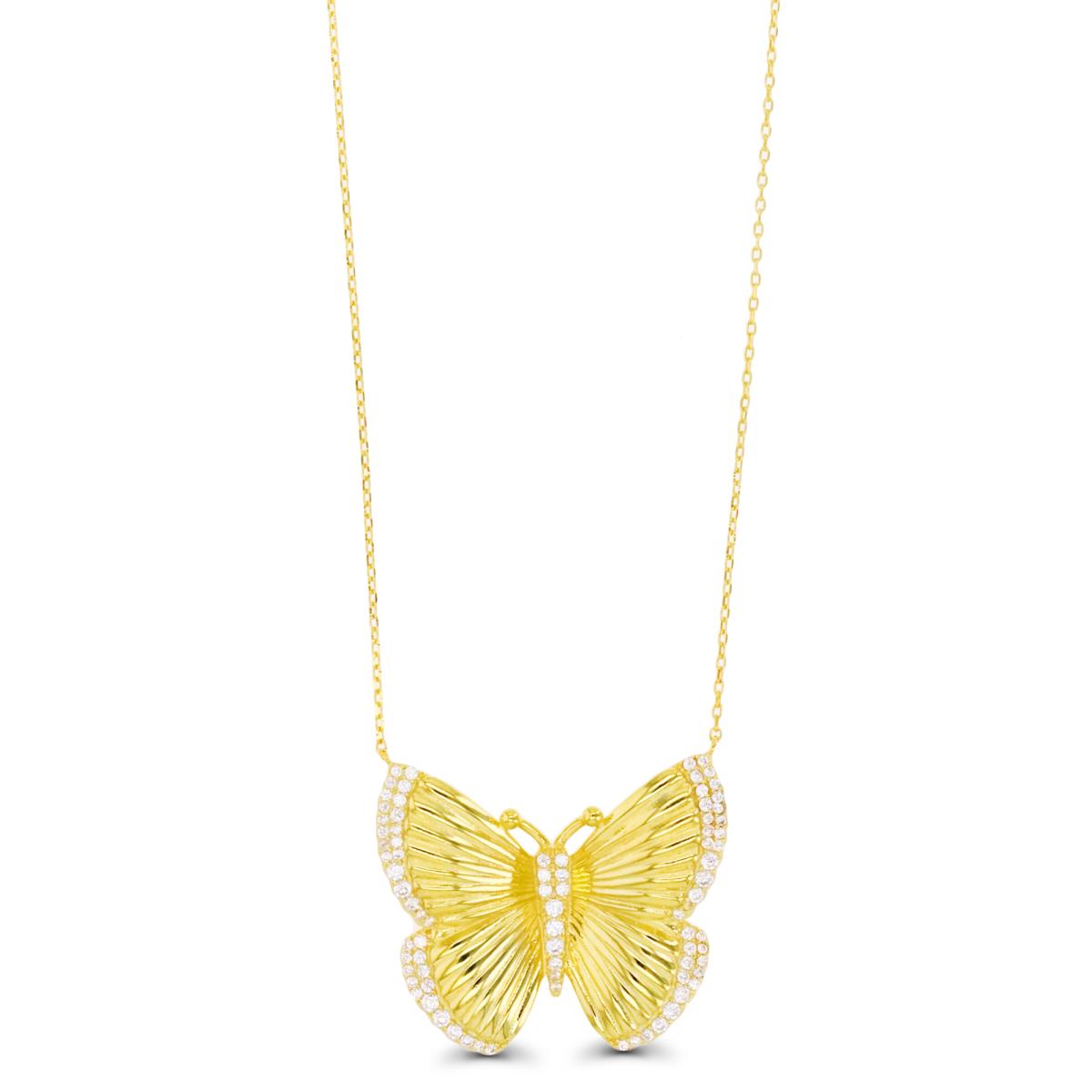Sterling Silver Yellow 1 Micron 31X27MM Textured Butterfly White CZ 18" Necklace