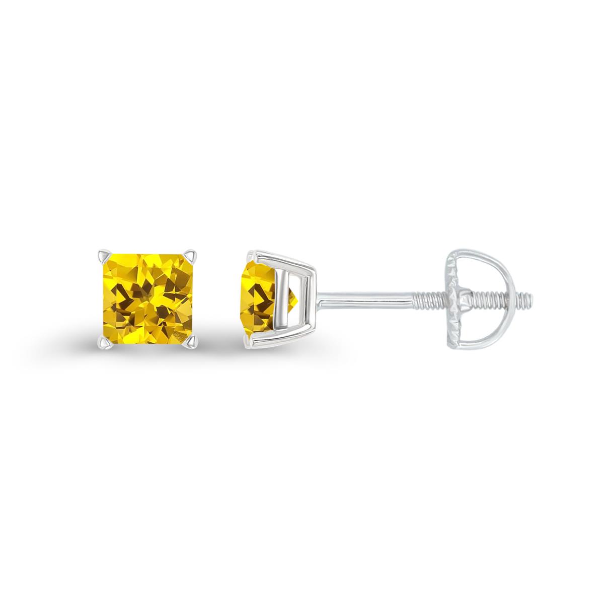 Sterling Silver Rhodium 4mm Square Created Yellow Sapphire Screwback Stud Earring