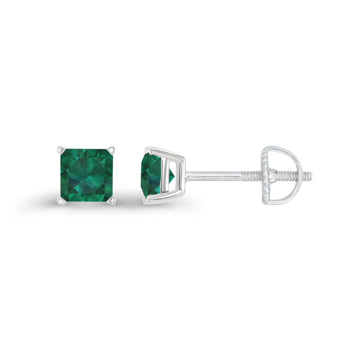 Sterling Silver Rhodium 4mm Square Created Emerald Screwback Stud Earring