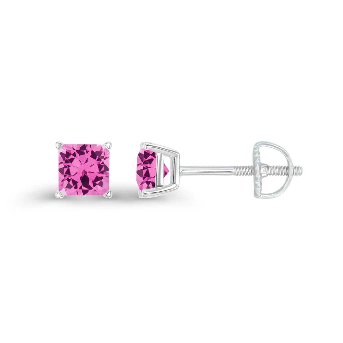 Sterling Silver Rhodium 4mm Square Created Pink Sapphire Screwback Stud Earring