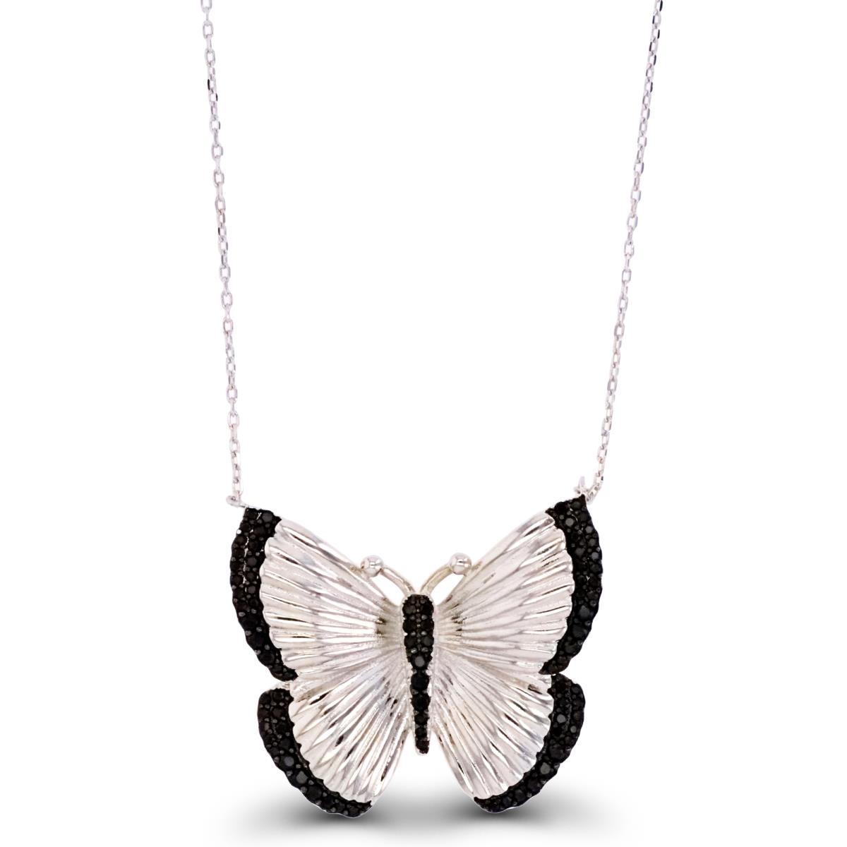 Sterling Silver Rhodium & Black 31X27MM Textured Butterfly White CZ 18" Necklace