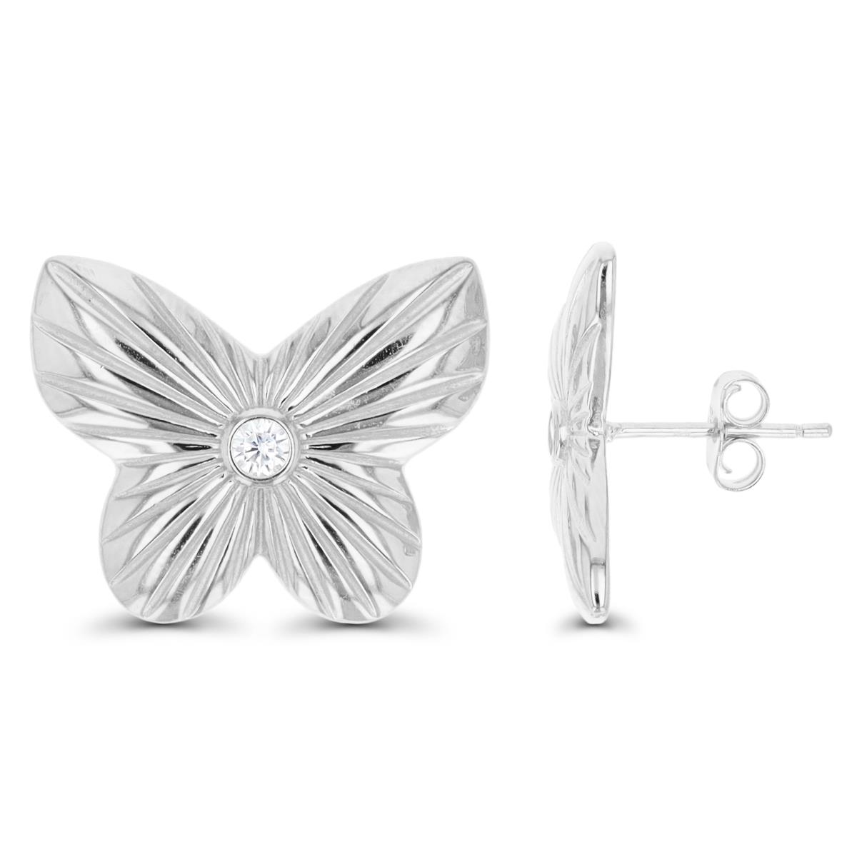 Sterling Silver Rhodium 19.5X16.4MM Butterfly Solitaire Stud Earring