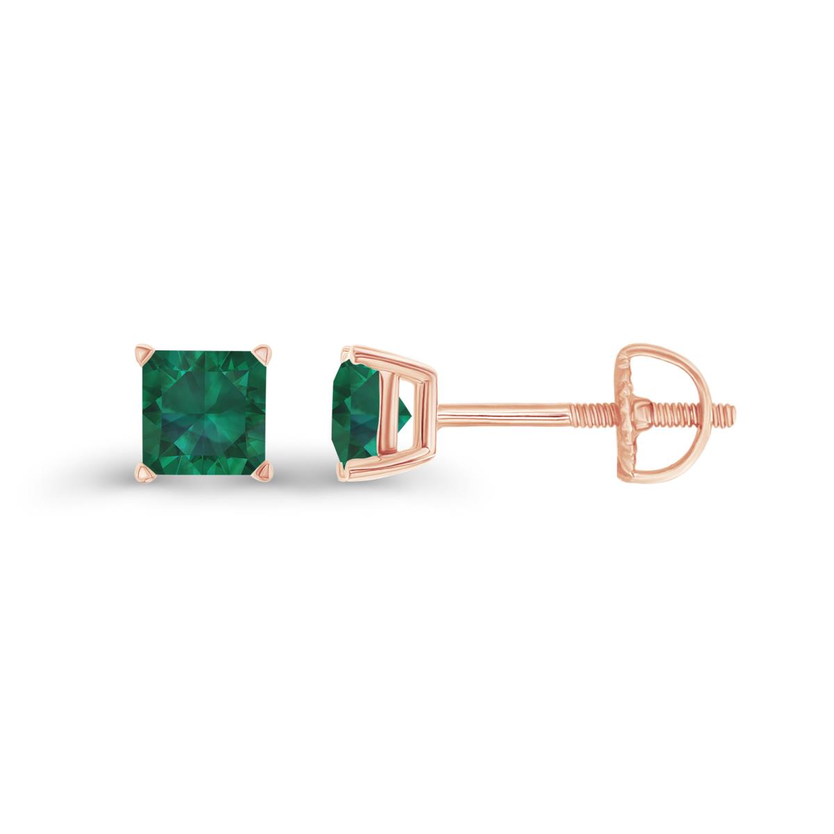14K Rose Gold 4mm Square Created Emerald Screwback Stud Earring