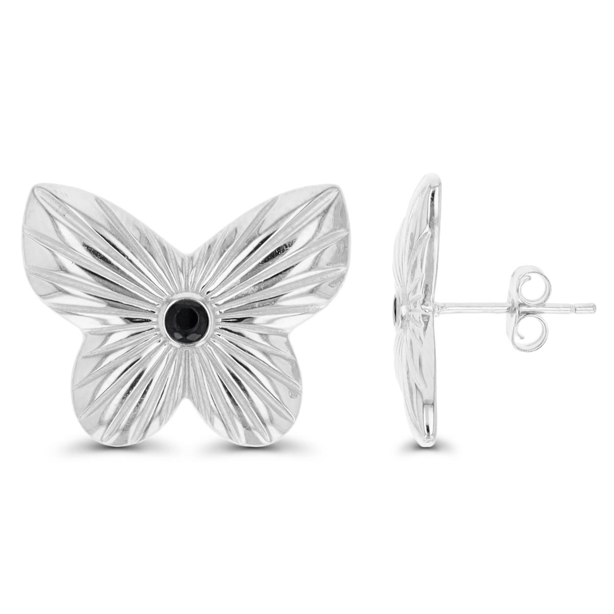 Sterling Silver Rhodium & Black 19.5X16.4MM Black Spinel  Butterfly Solitaire Stud Earring
