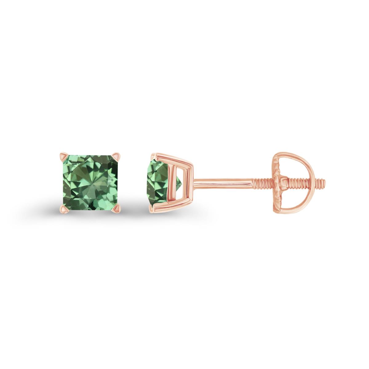 14K Rose Gold 4mm Square Created Green Sapphire Screwback Stud Earring