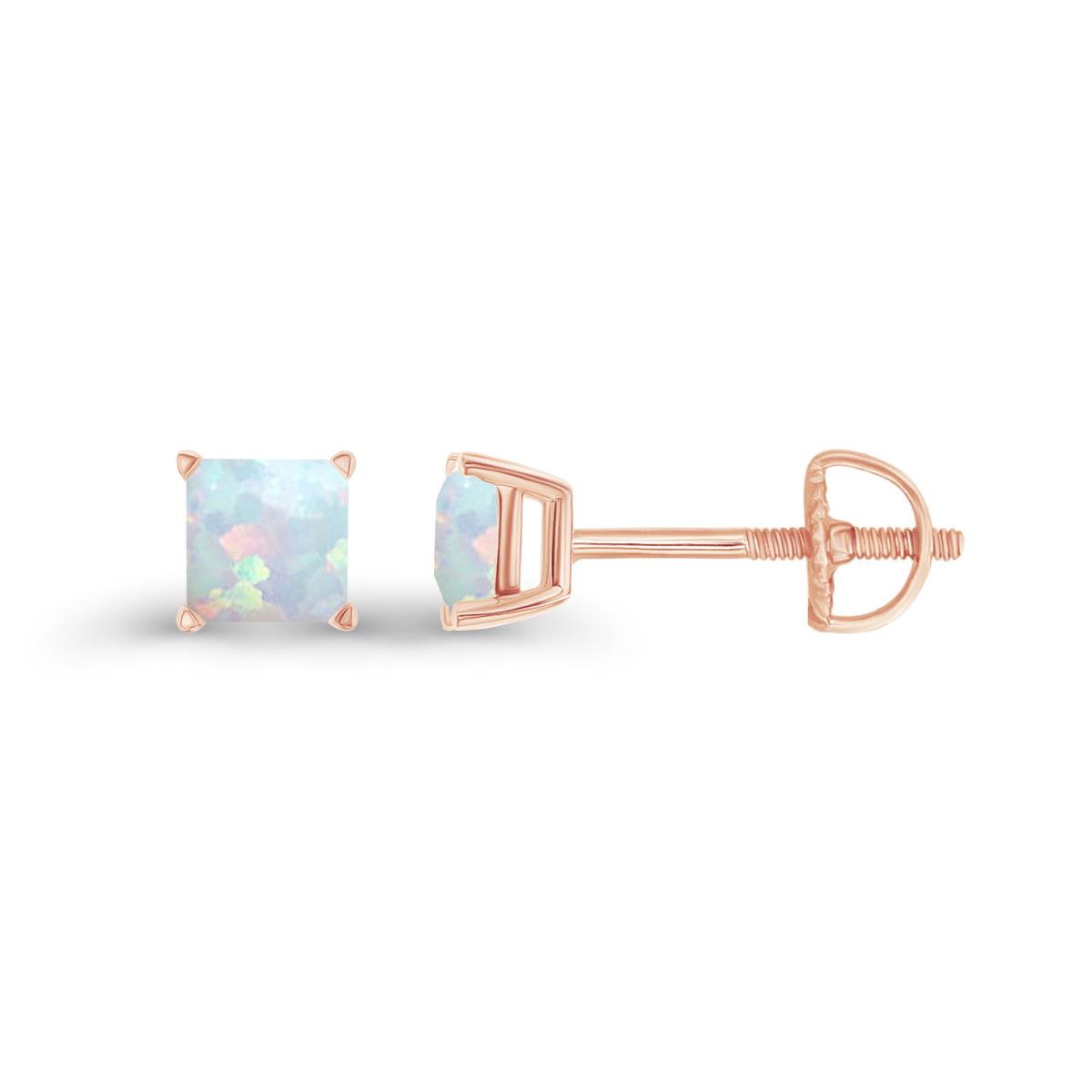 14K Rose Gold 4mm Square Created Opal Screwback Stud Earring