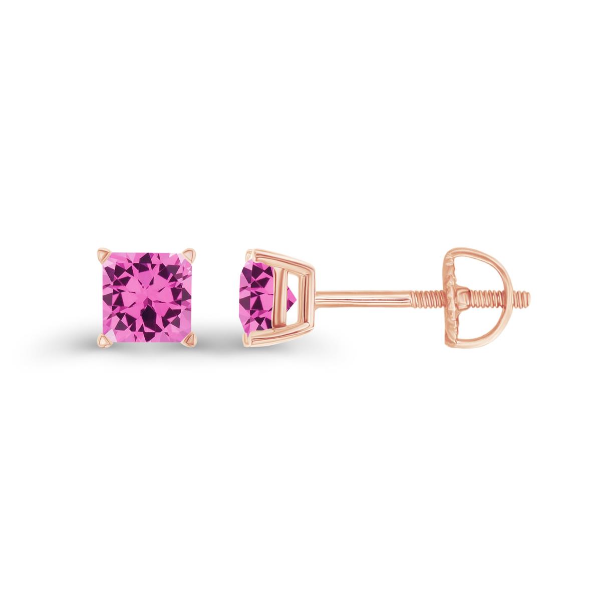 14K Rose Gold 4mm Square Created Pink Sapphire Screwback Stud Earring