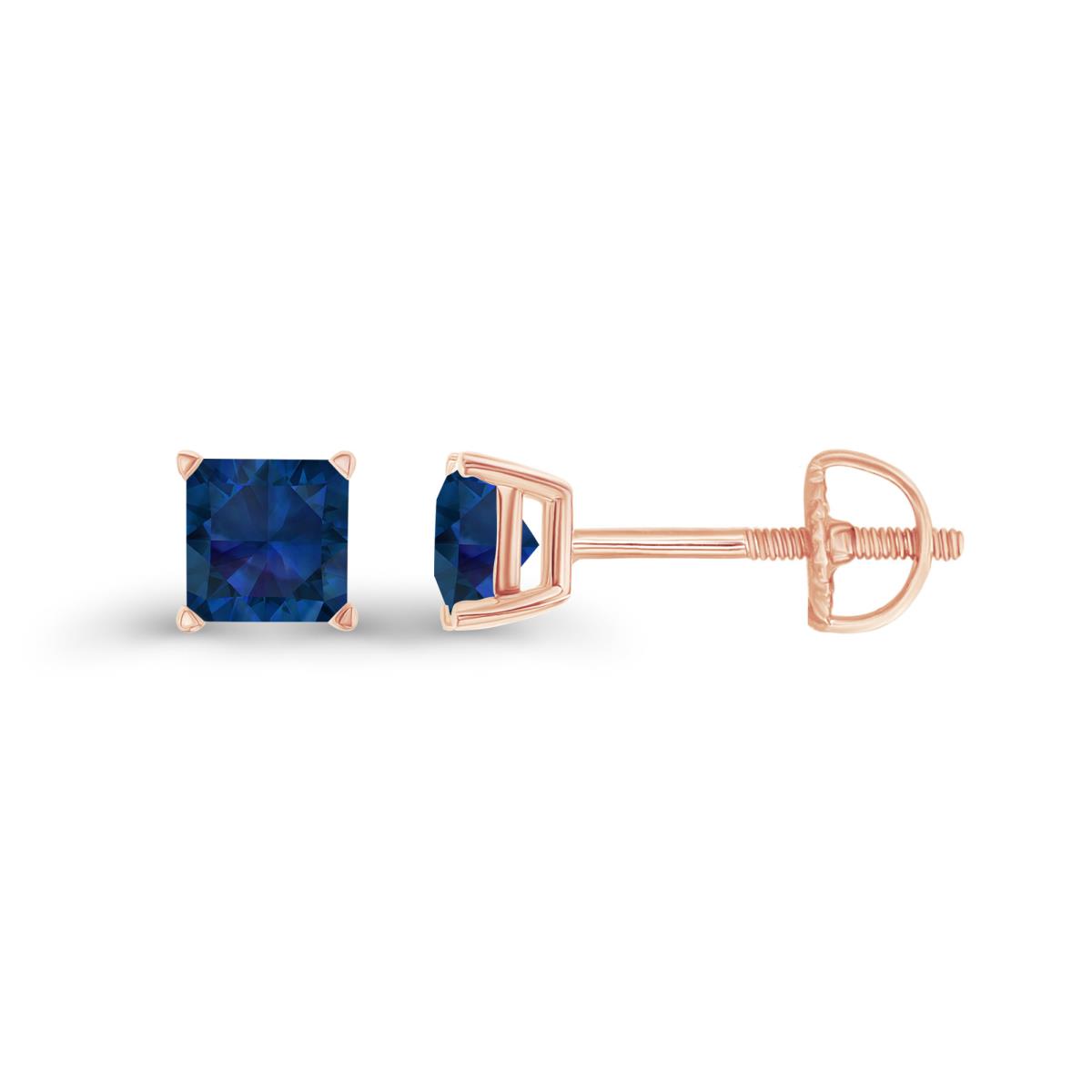 14K Rose Gold 4mm Square Created Blue Sapphire Screwback Stud Earring