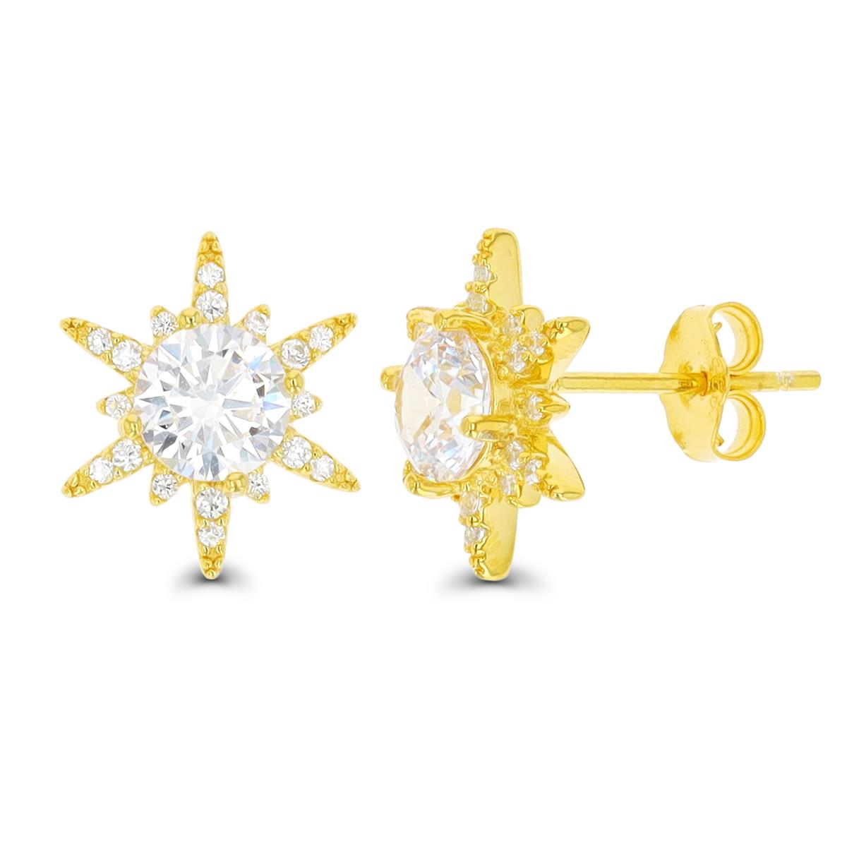 Sterling Silver Yellow 1 Micron 13MM Star White CZ Stud Earring