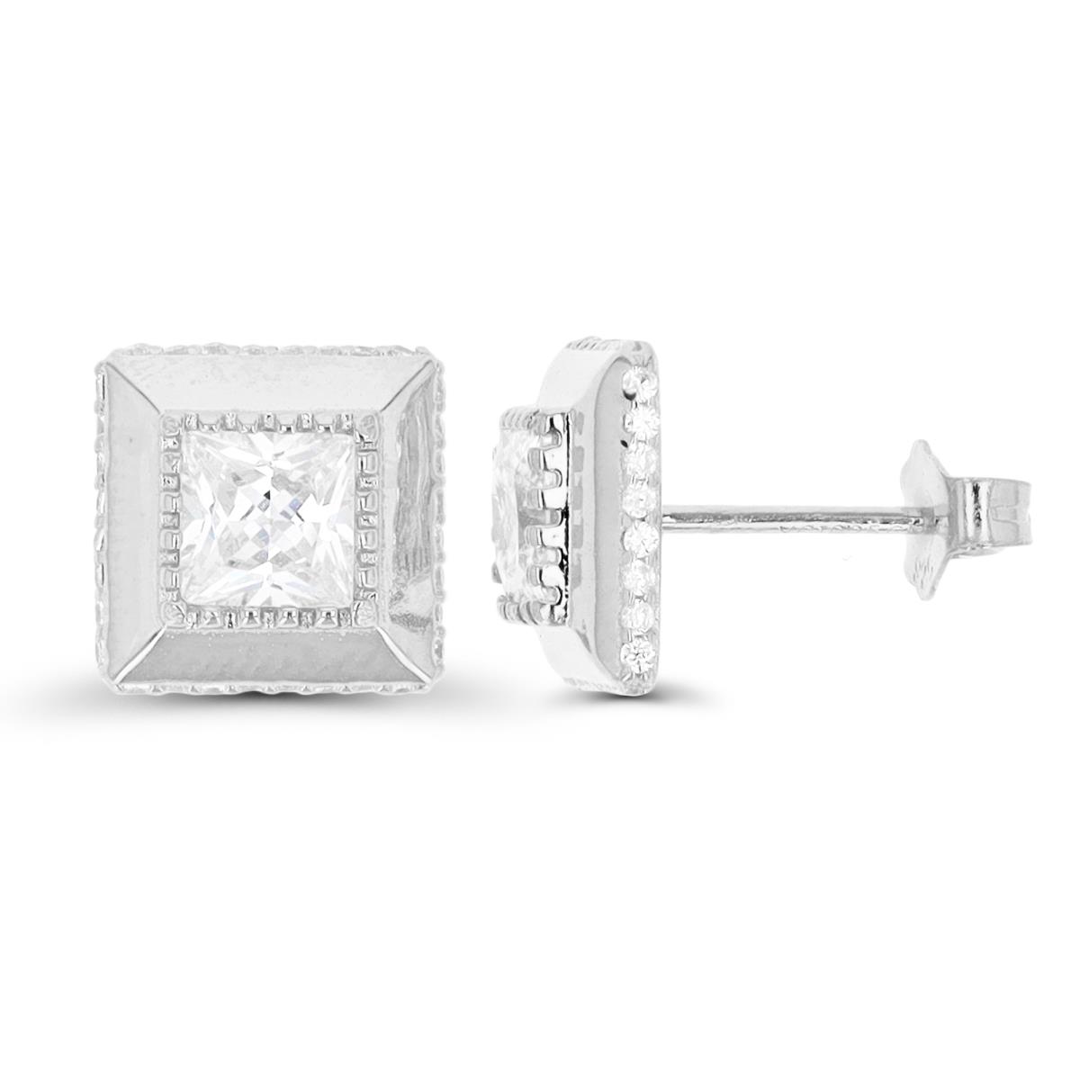Sterling Silver Rhodium 10MM Polished Halo White CZ Square Stud Earring