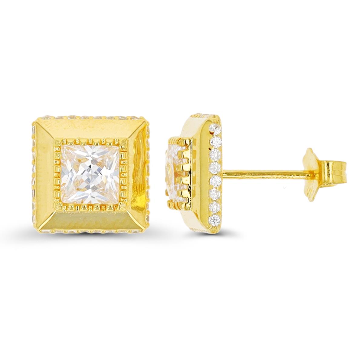 Sterling Silver Yellow 1 Micron 10MM Polished Halo White CZ Square Stud Earring