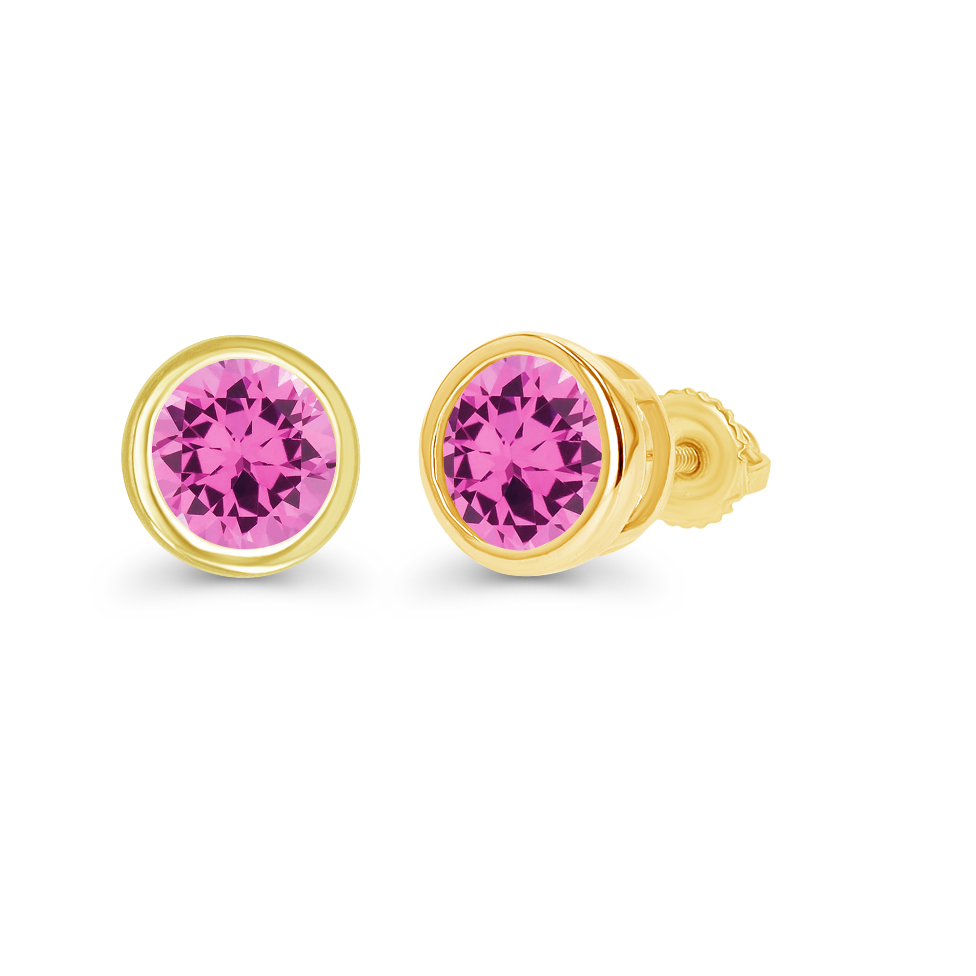 Sterling Silver Yellow 6mm Rd Bezel Created Pink Sapphire Screwback Stud Earring