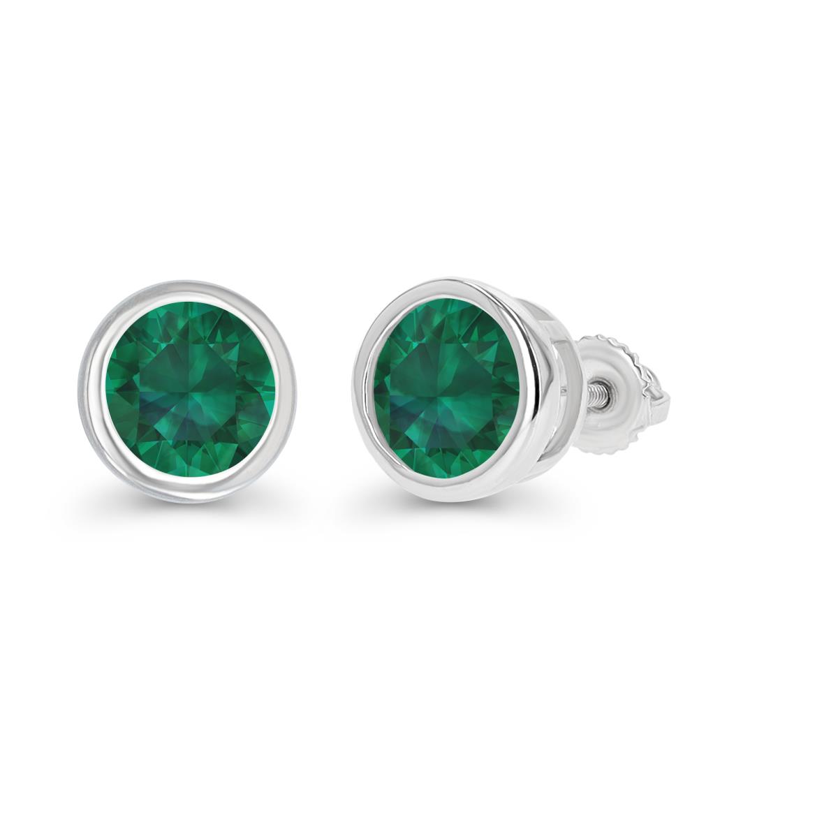 Sterling Silver Rhodium 7mm Rd Bezel Created Emerald Screwback Stud Earring