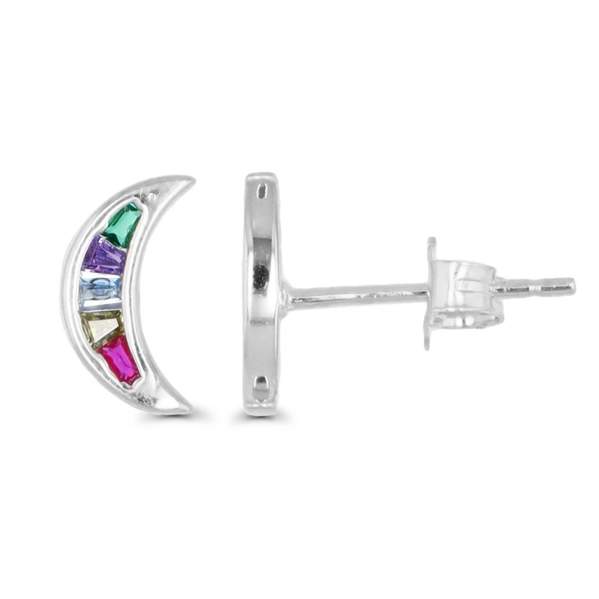 Sterling Silver Rhodium 10X3MM Moon Multicolor Stud Earring