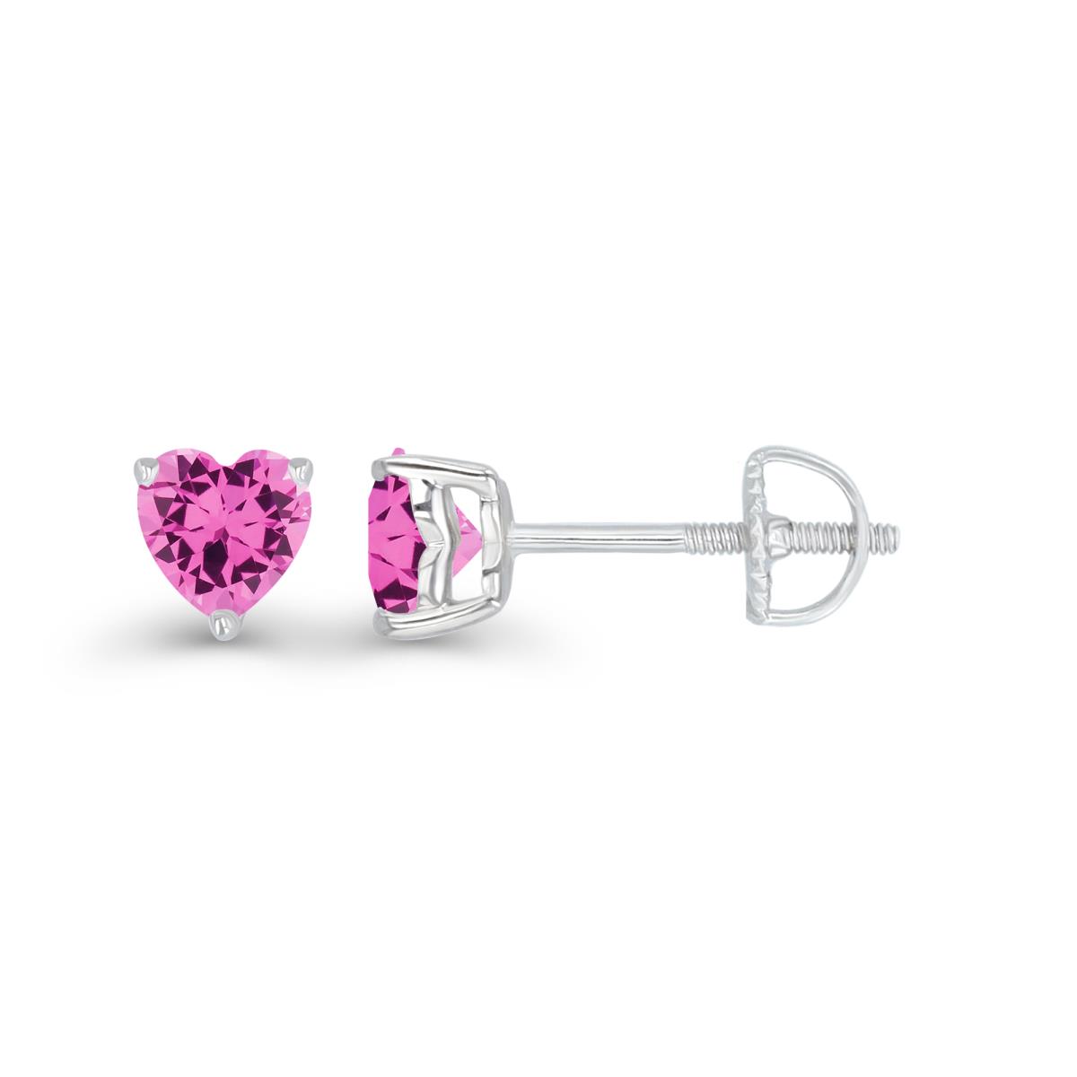 Sterling Silver Rhodium 4mm Heart Created Pink Sapphire Screwback Stud Earring