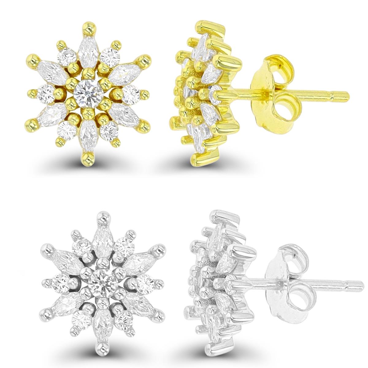 Sterling Silver Rhodium & Yellow 1M 9.5X10;9.5X10mm Snowflake Earring Set