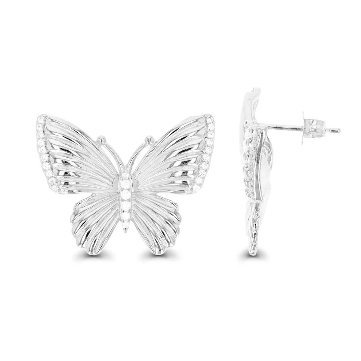 Sterling Silver Rhodium 24.5X19MM Textured Buttefly Stud Earring