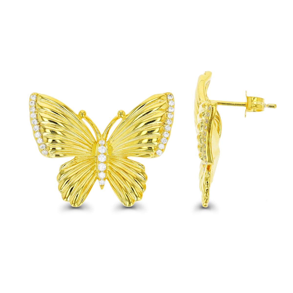 Sterling Silver Yellow 1 Micron 24.5X19MM Textured Buttefly Stud Earring