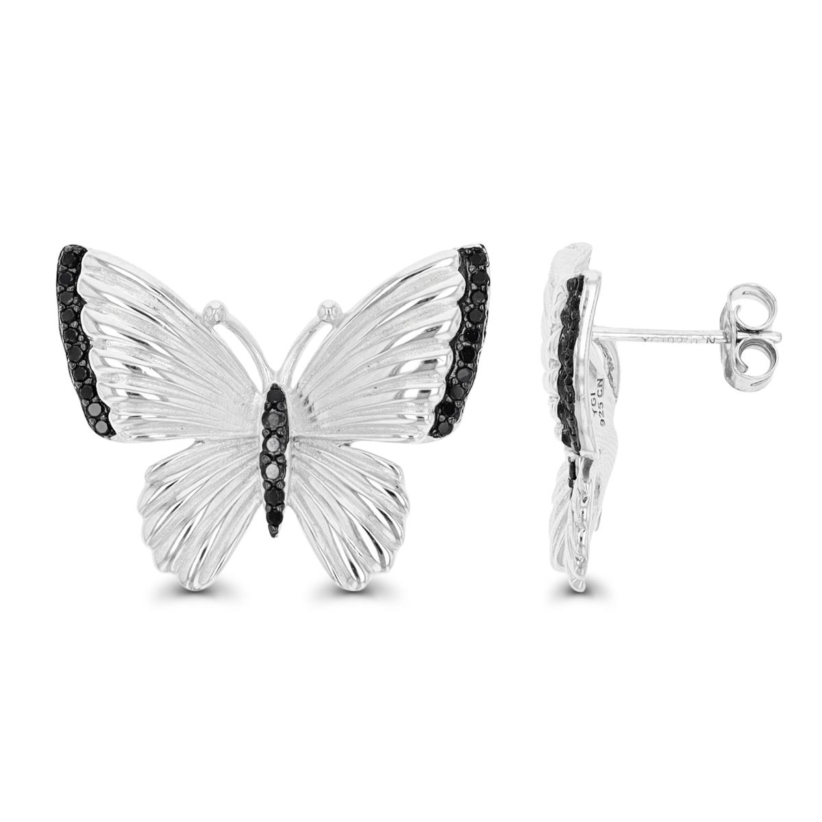 Sterling Silver Rhodium & Black 24.5X19MM Textured Buttefly Black Spinel Stud Earring