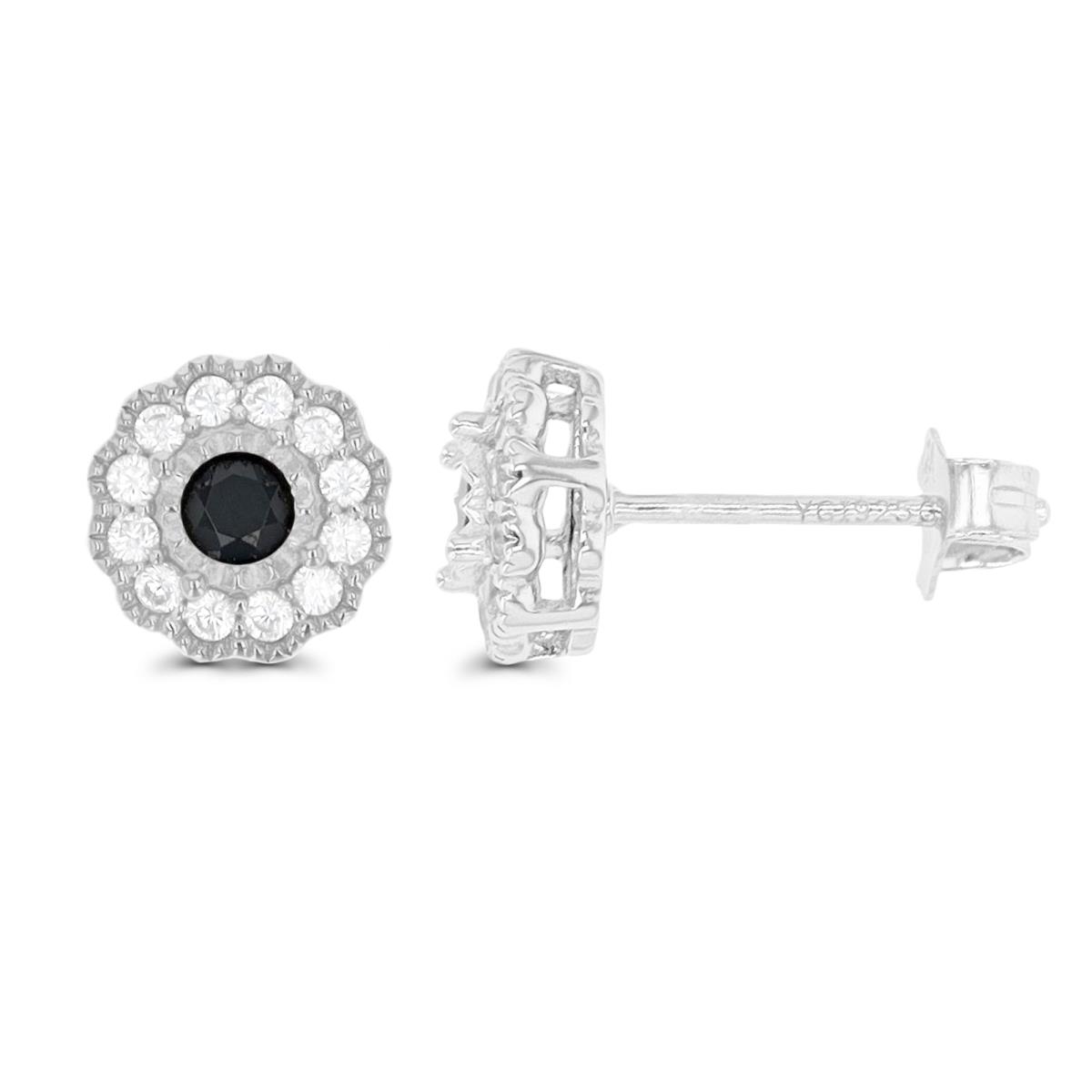 Sterling Silver Rhodium 16.7MM Flower Black Spinel & White Zircone Stud Earring