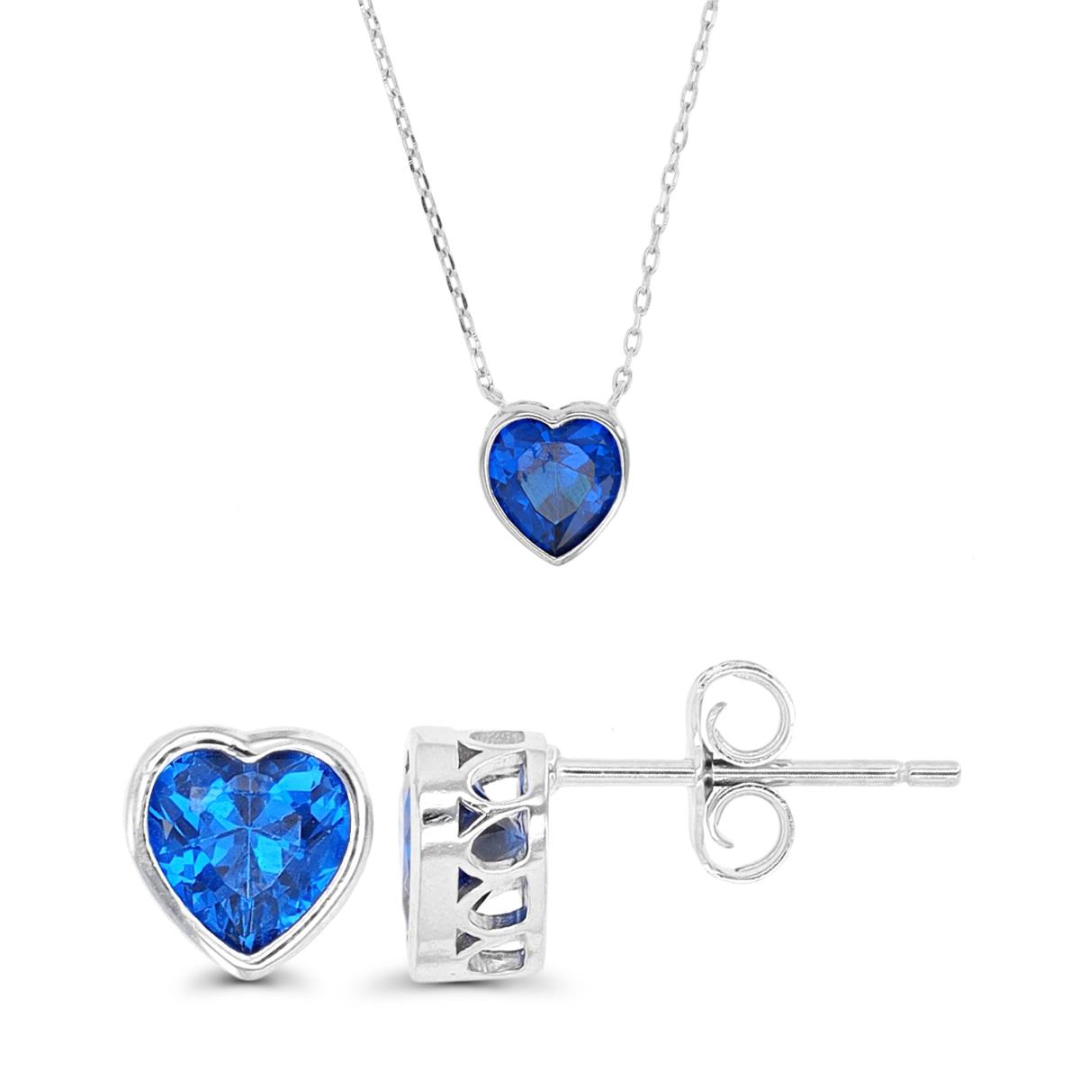 Sterling Silver Rhodium #113 Blue 8mm Heart Bezel 16"+2" Necklace & Earring Set