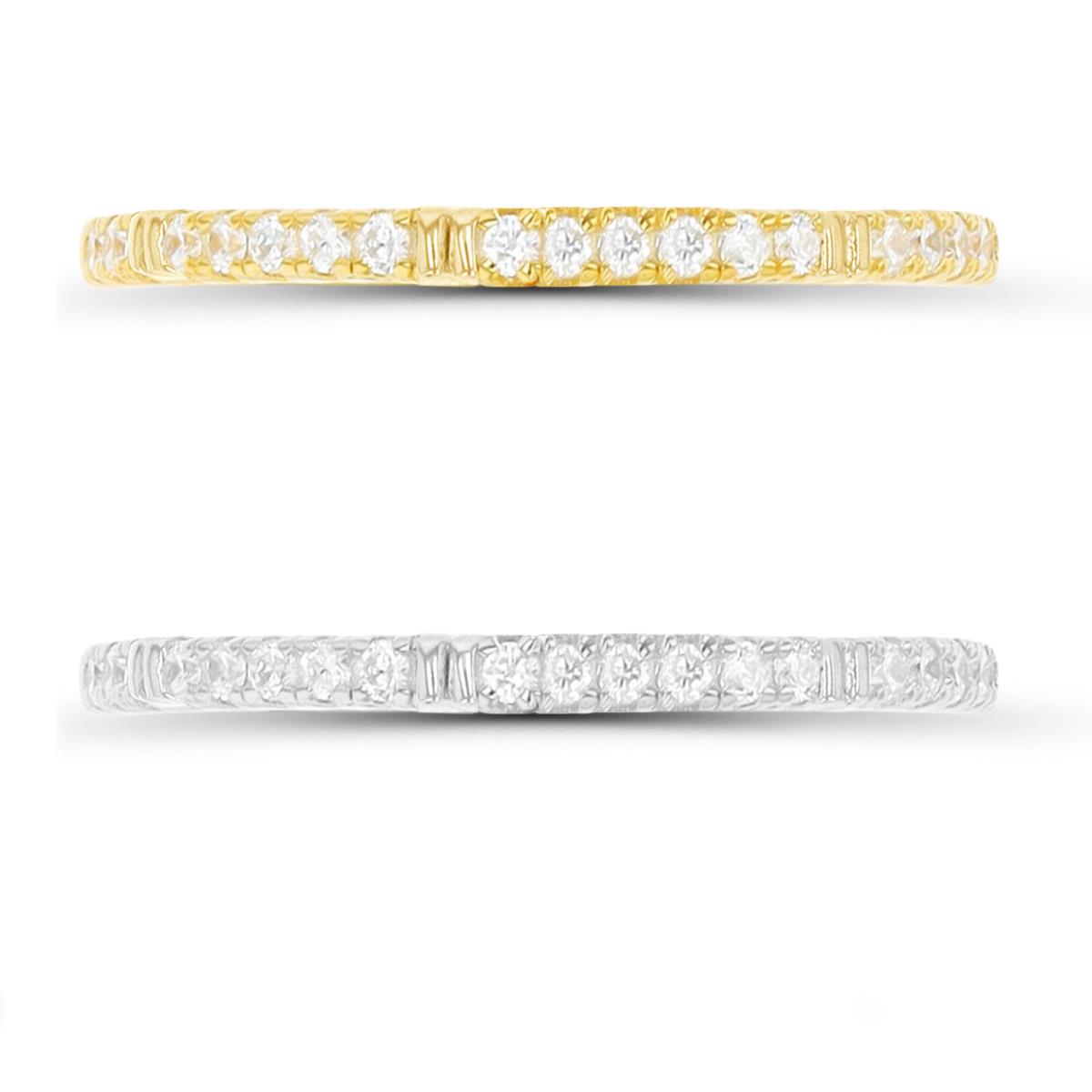 Sterling Silver Rhodium & Yellow White CZ Polished Band Set of 2 Rings