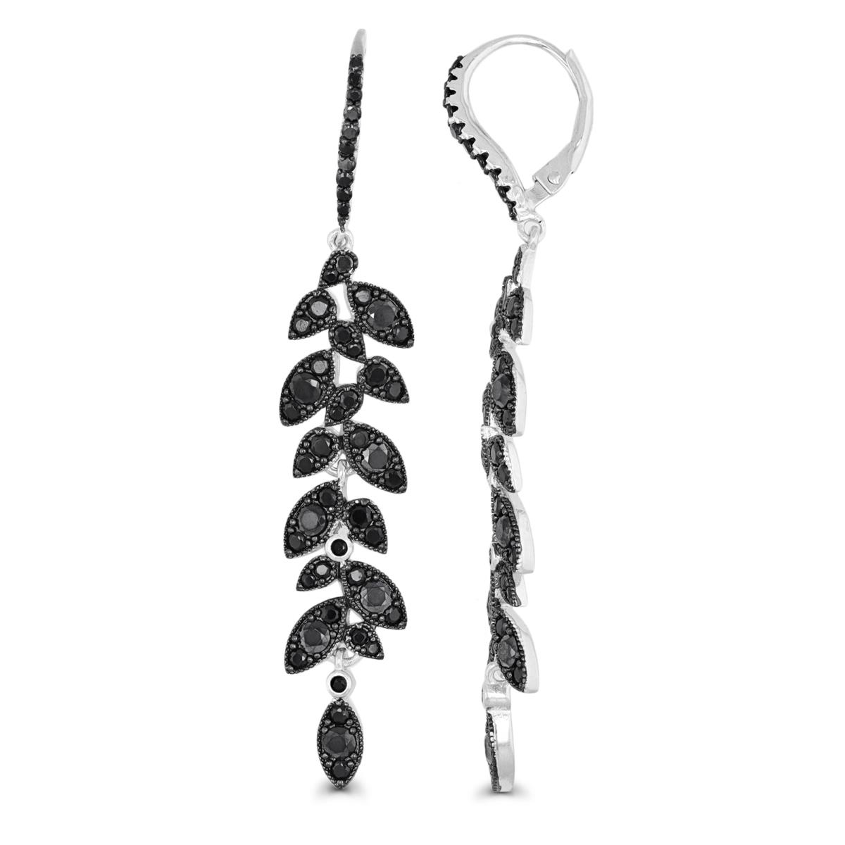 Sterling Silver Rhodium & Black 60X10MM Black Spinel Leaves Drop Dangling Earring