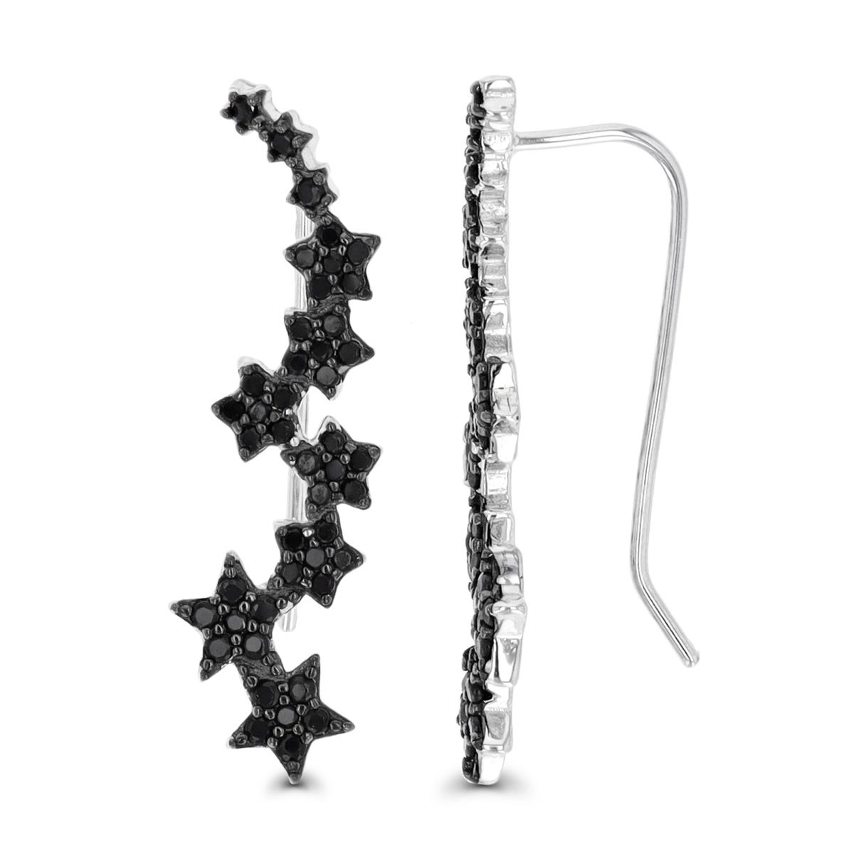 Sterling Silver Rhodium & Black 28X8MM Black Spinel Star Fall Fish Hook Earring