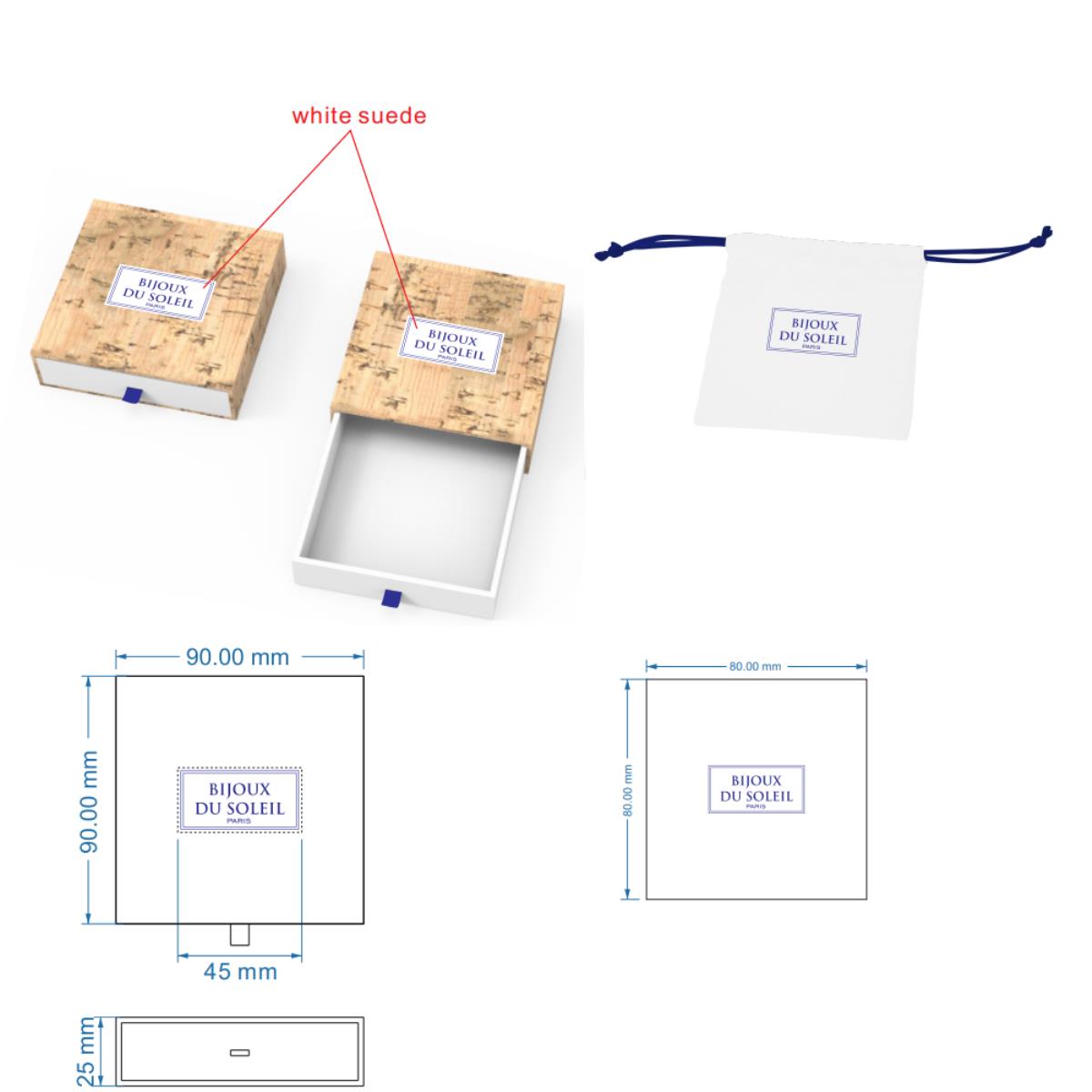 Bijoux Du Soleil 75x75x28mm Draw Box + Pouch + 1mm PVC Card with Cleaning Cloth