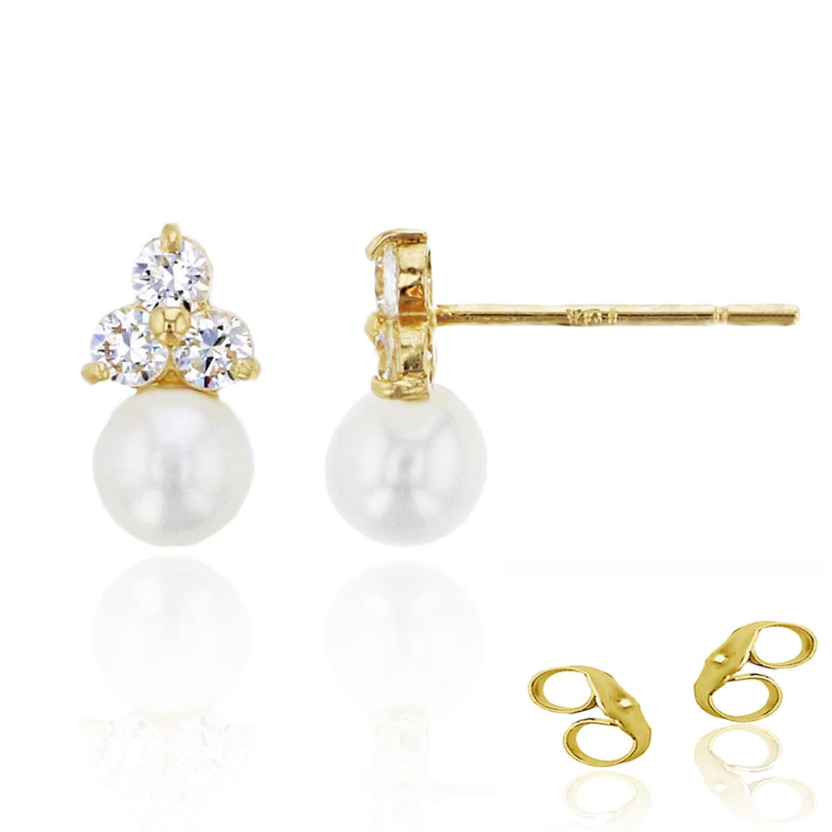 14K Yellow Gold 4.00mm Freshwater Pearl and CZ Cluster Stud Earring with 4.5mm Clutch
