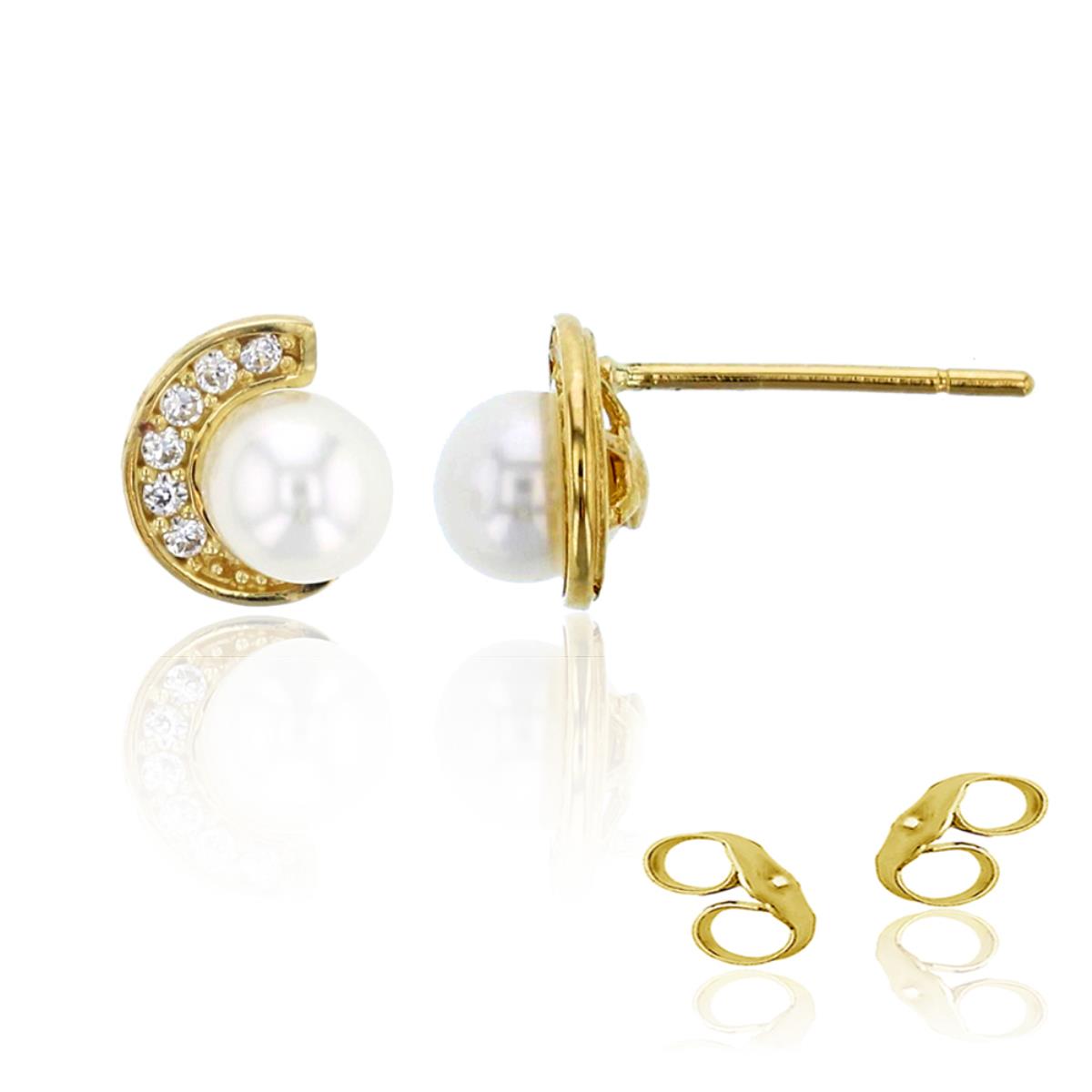 14K Yellow Gold Pave 4mm Fresh Water Pearl & CZ Moon Stud Earring with 4.5mm Clutch