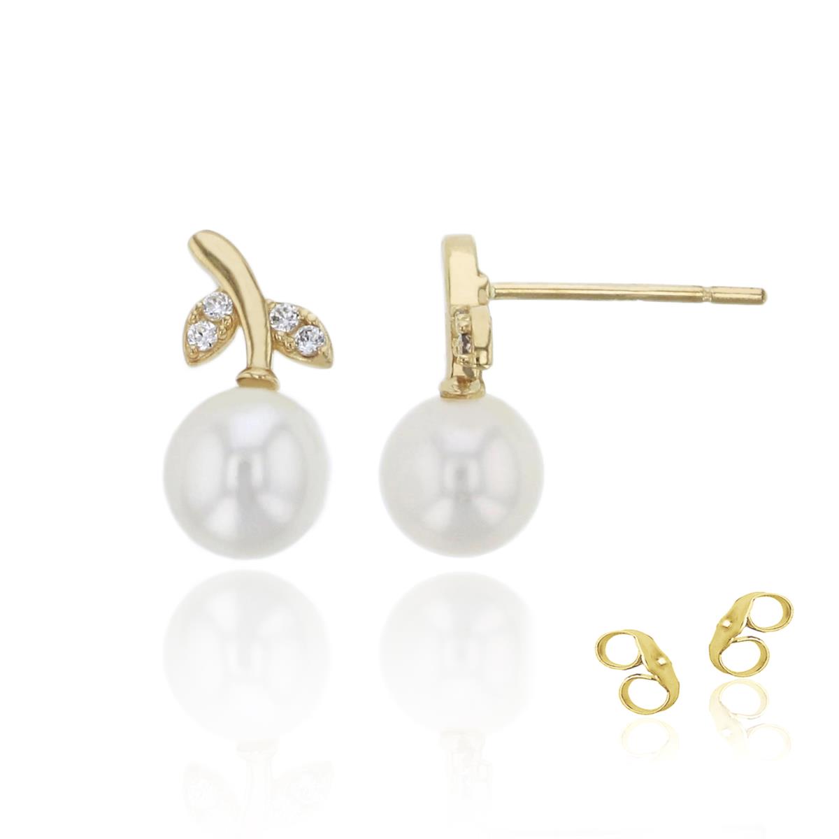 14K Yellow Gold 5mm Fresh Water Pearl & CZ Leaf Branch Stud Earring with 4.5mm Clutch